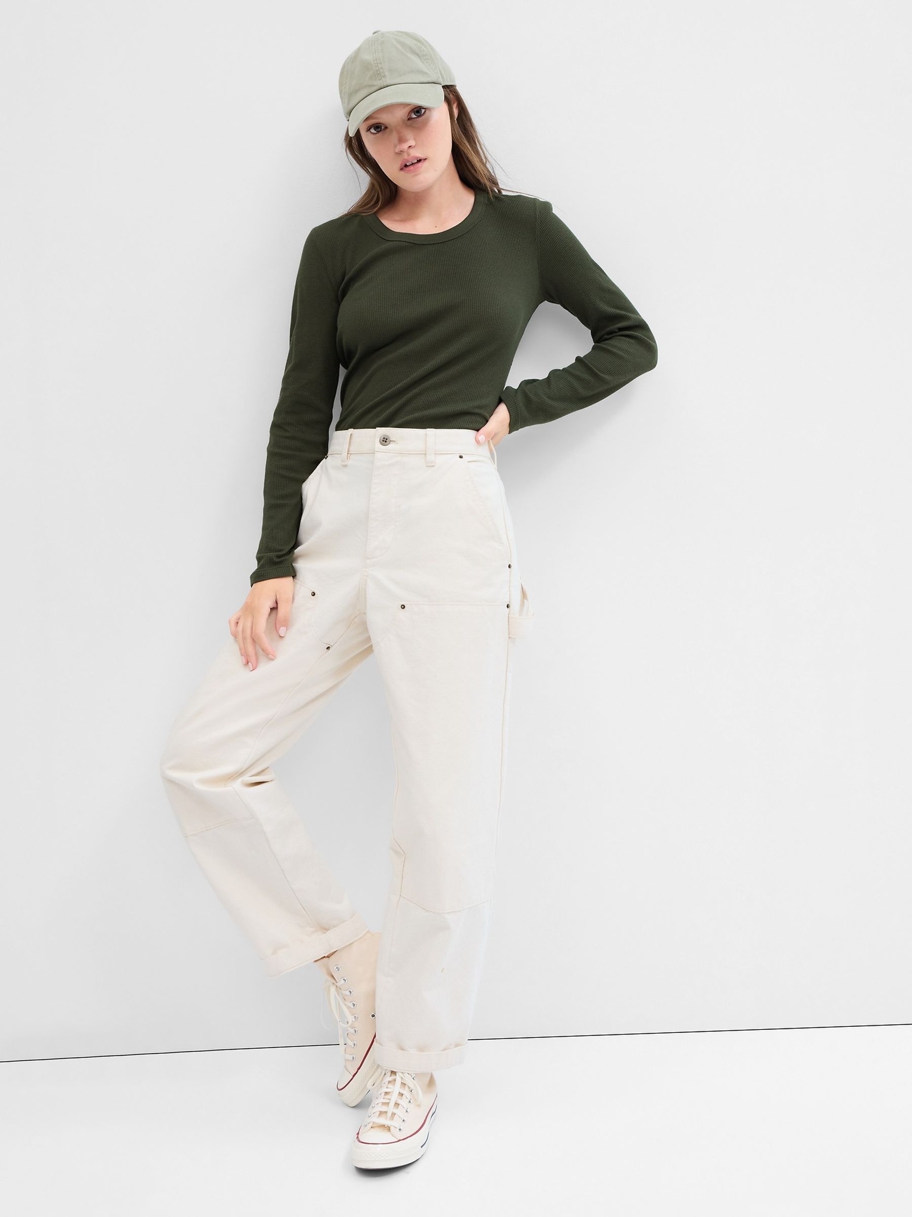 Green Waffle-Knit Long Sleeve Crew Neck T-Shirt - Image 1 of 2