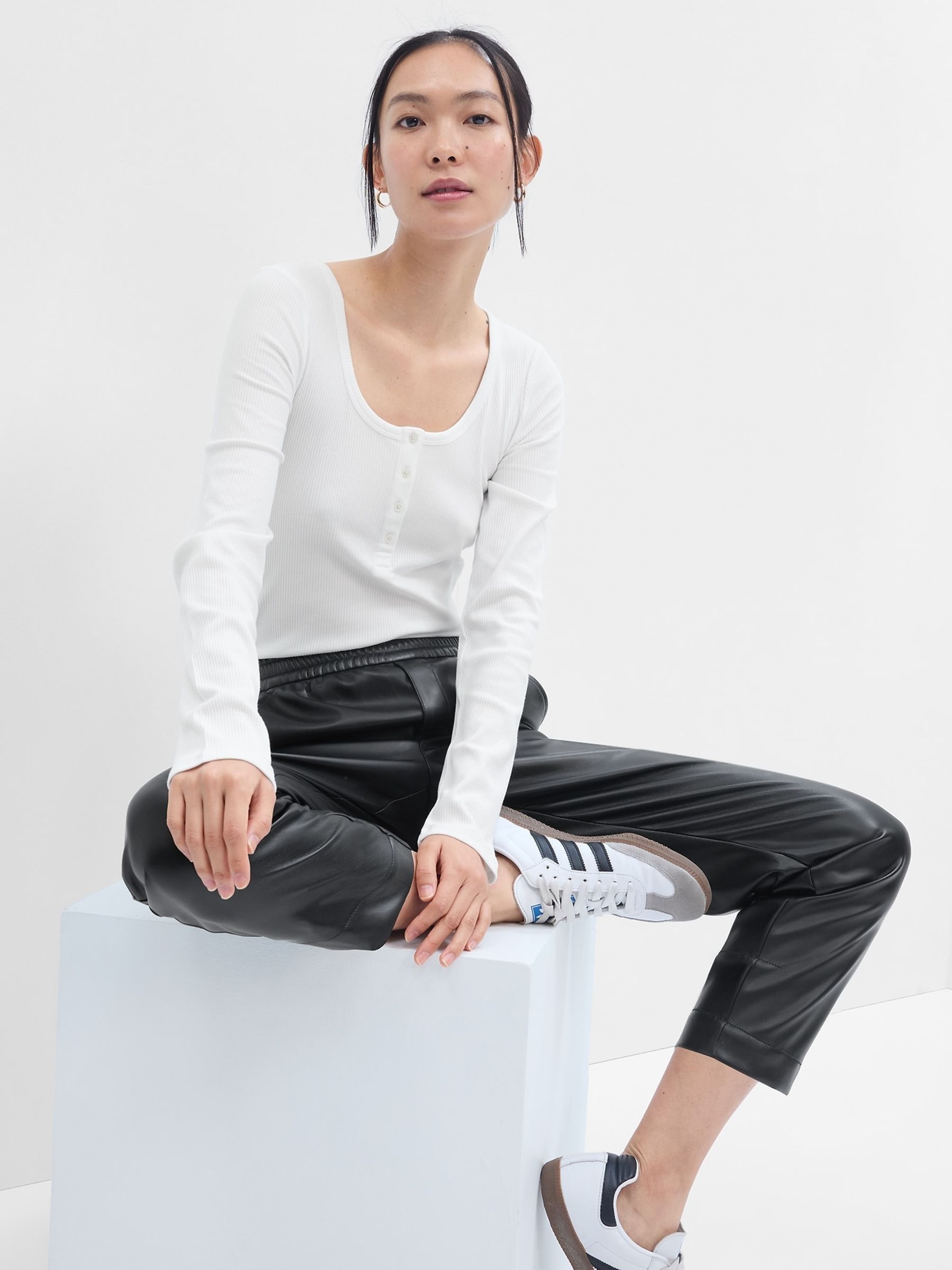 White Ribbed Henley Button Long Sleeve Scoop Neck T-Shirt - Image 1 of 2