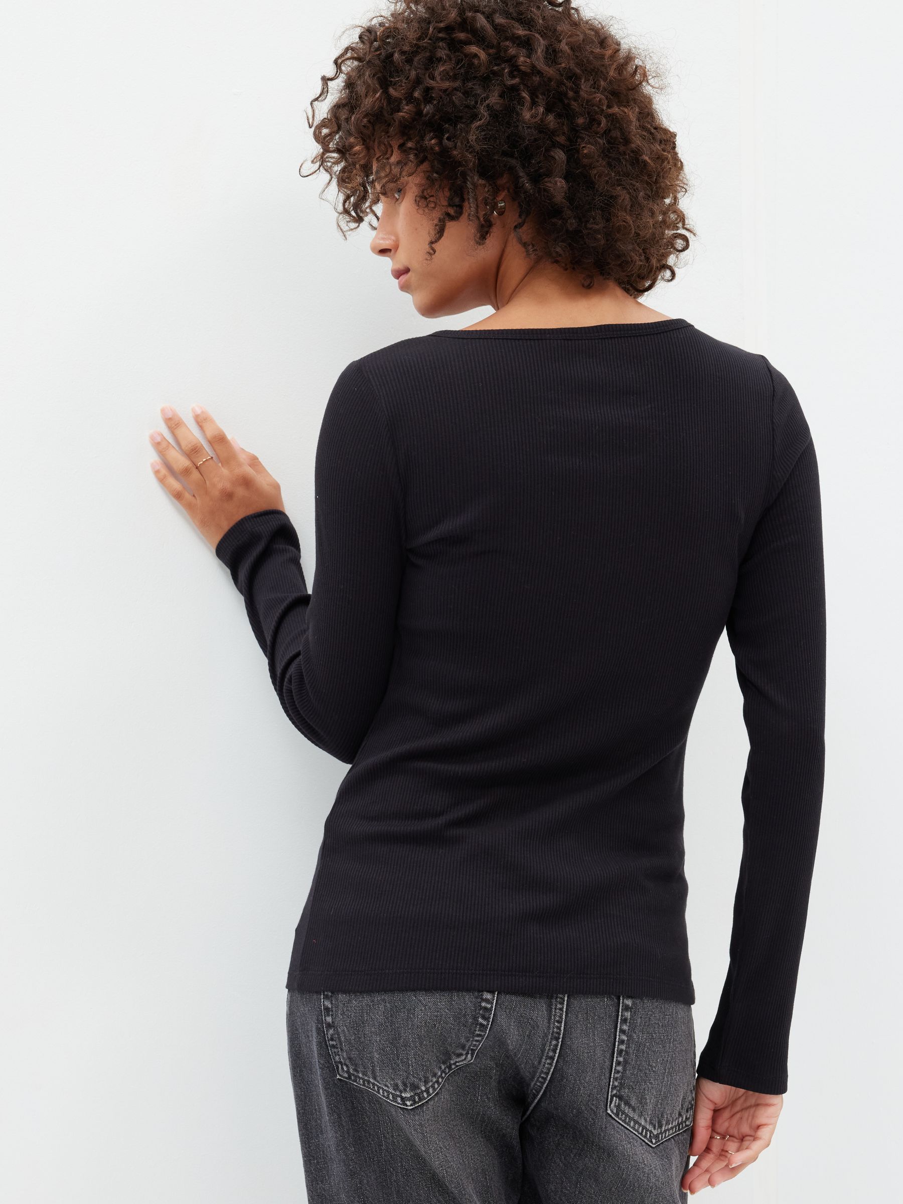 Black Ribbed Henley Button Long Sleeve Scoop Neck T-Shirt - Image 2 of 2