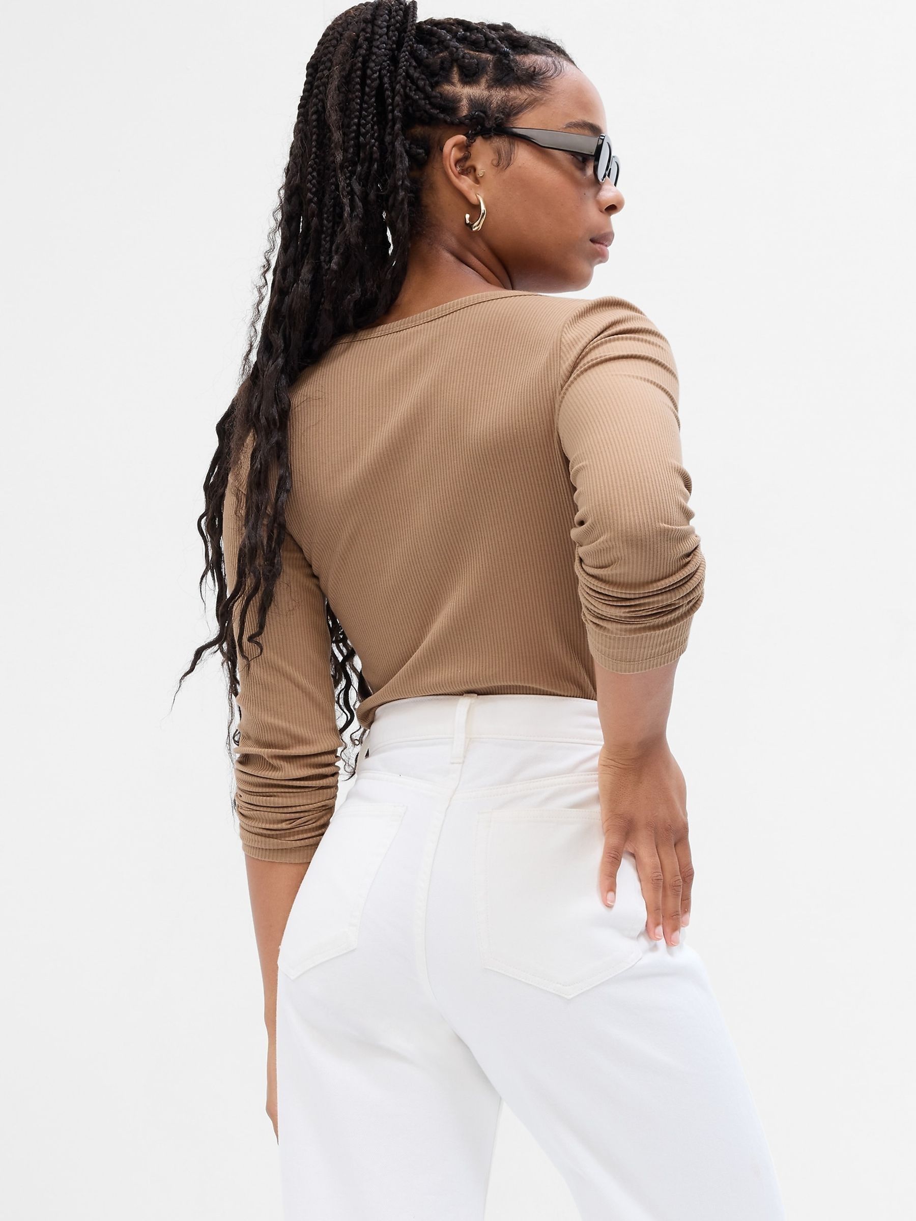 Black Ribbed Henley Button Long Sleeve Scoop Neck T-Shirt - Image 3 of 4