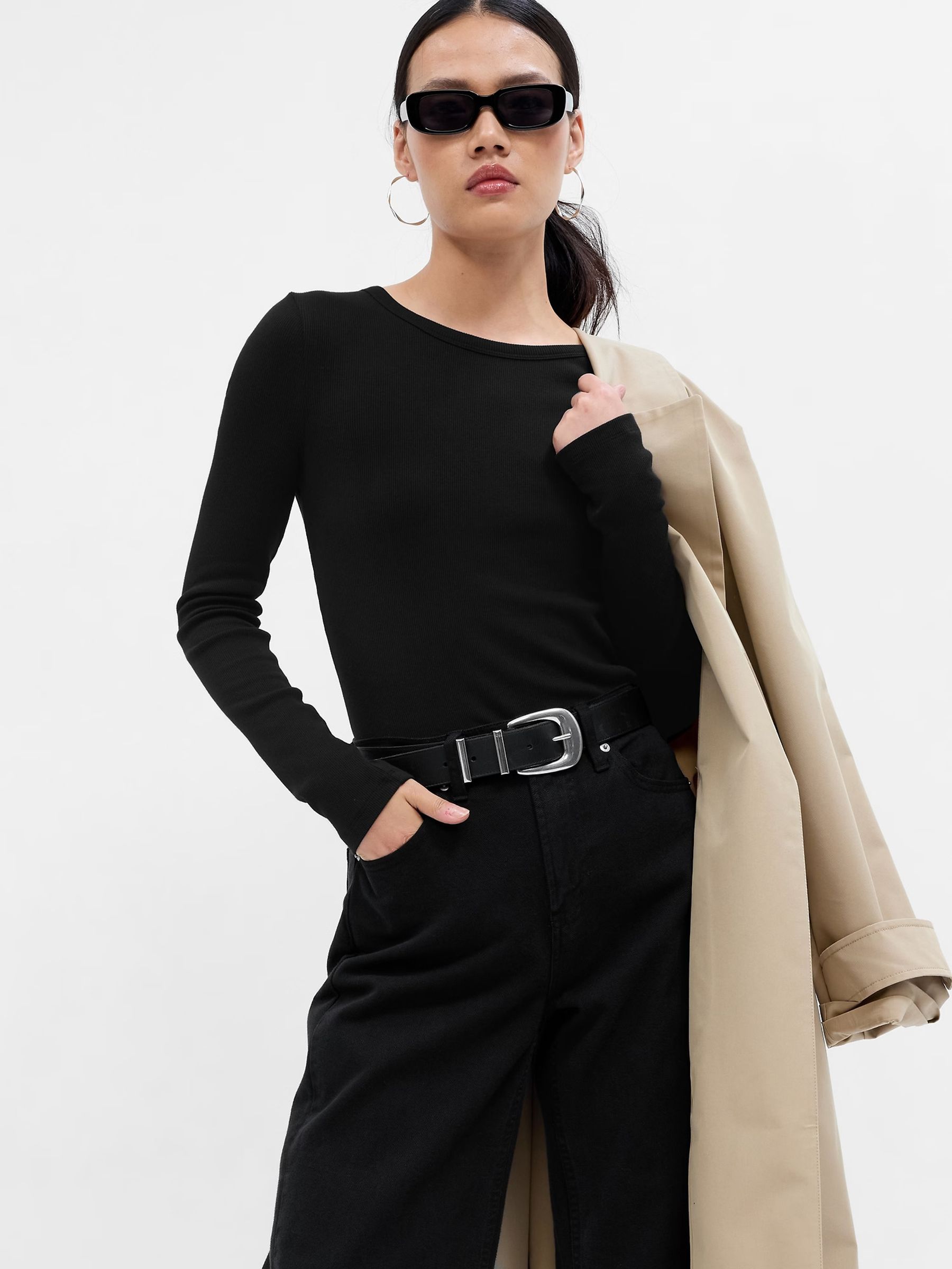 Black Ribbed Crew Neck Long Sleeve T-Shirt - Image 1 of 6