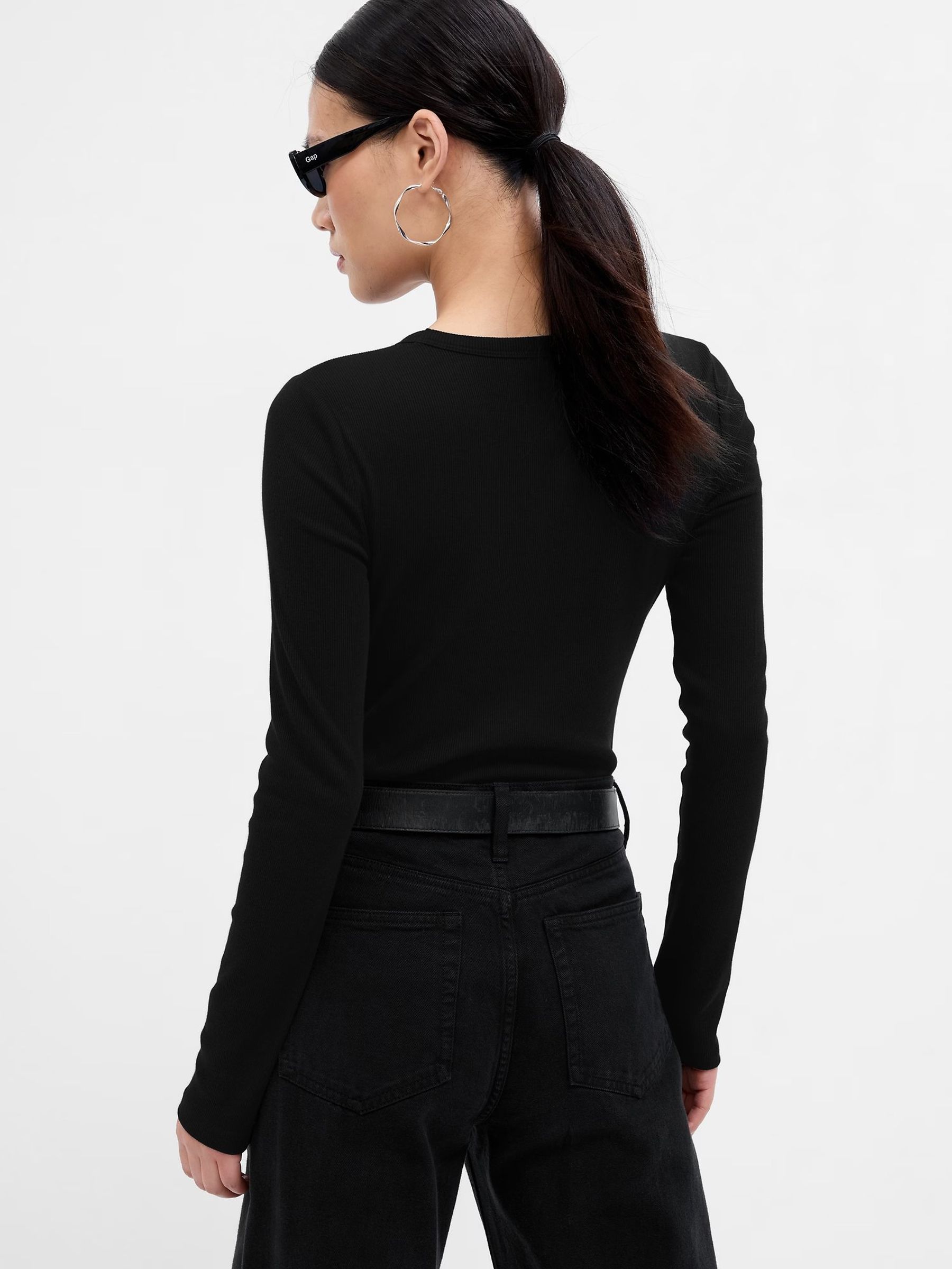 Black Ribbed Crew Neck Long Sleeve T-Shirt - Image 2 of 6