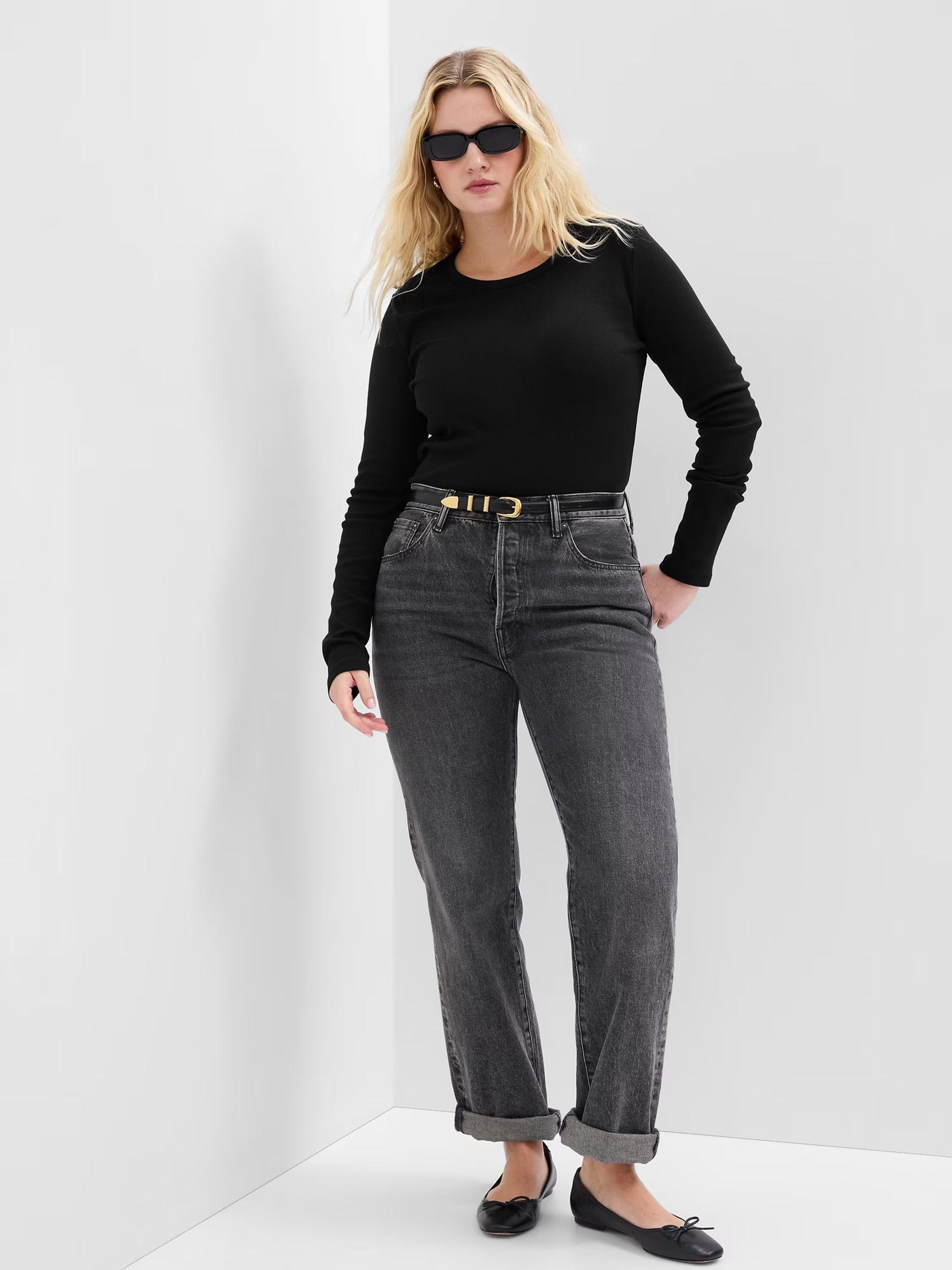 Black Ribbed Crew Neck Long Sleeve T-Shirt - Image 3 of 6