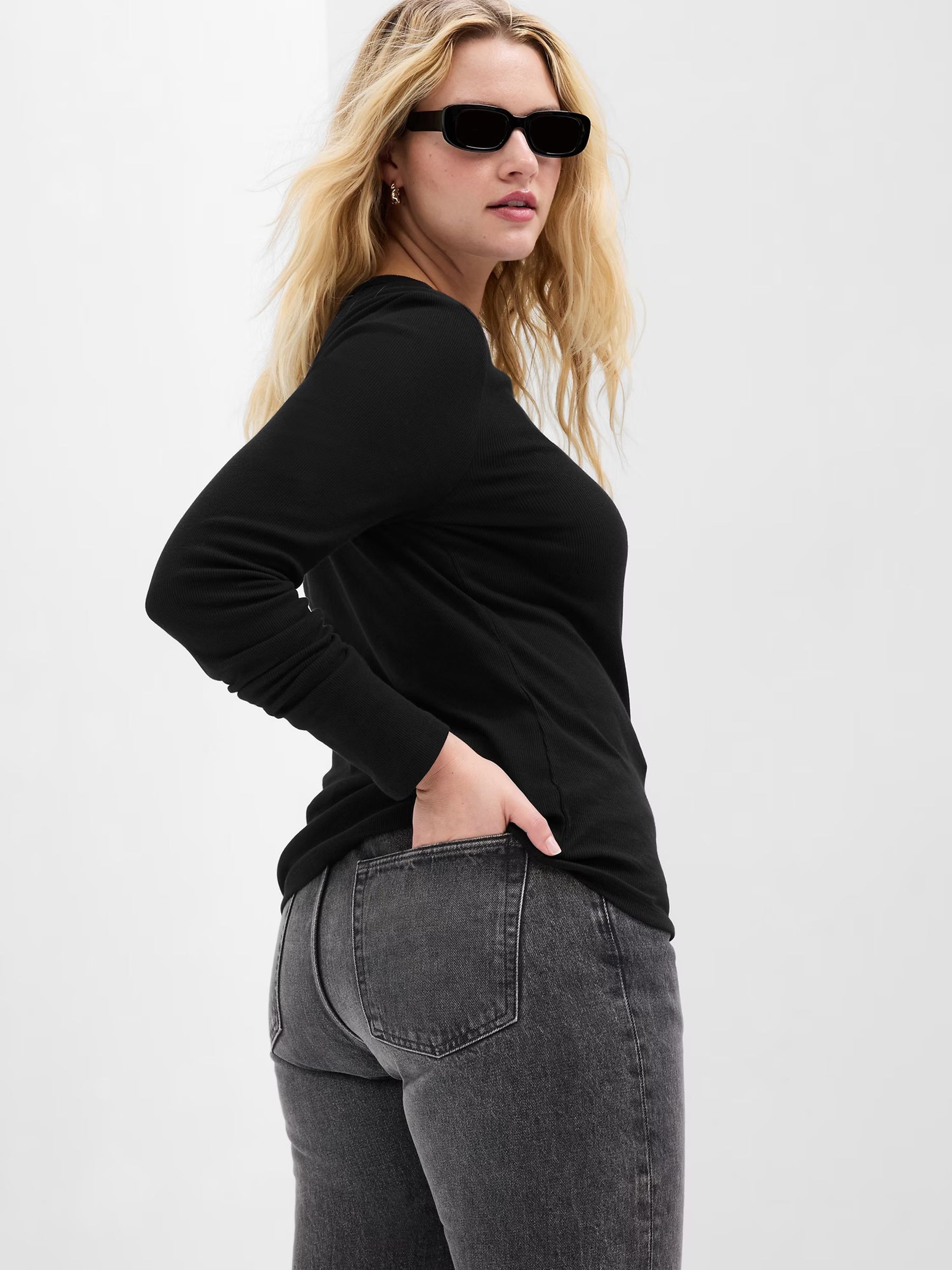 Black Ribbed Crew Neck Long Sleeve T-Shirt - Image 4 of 6
