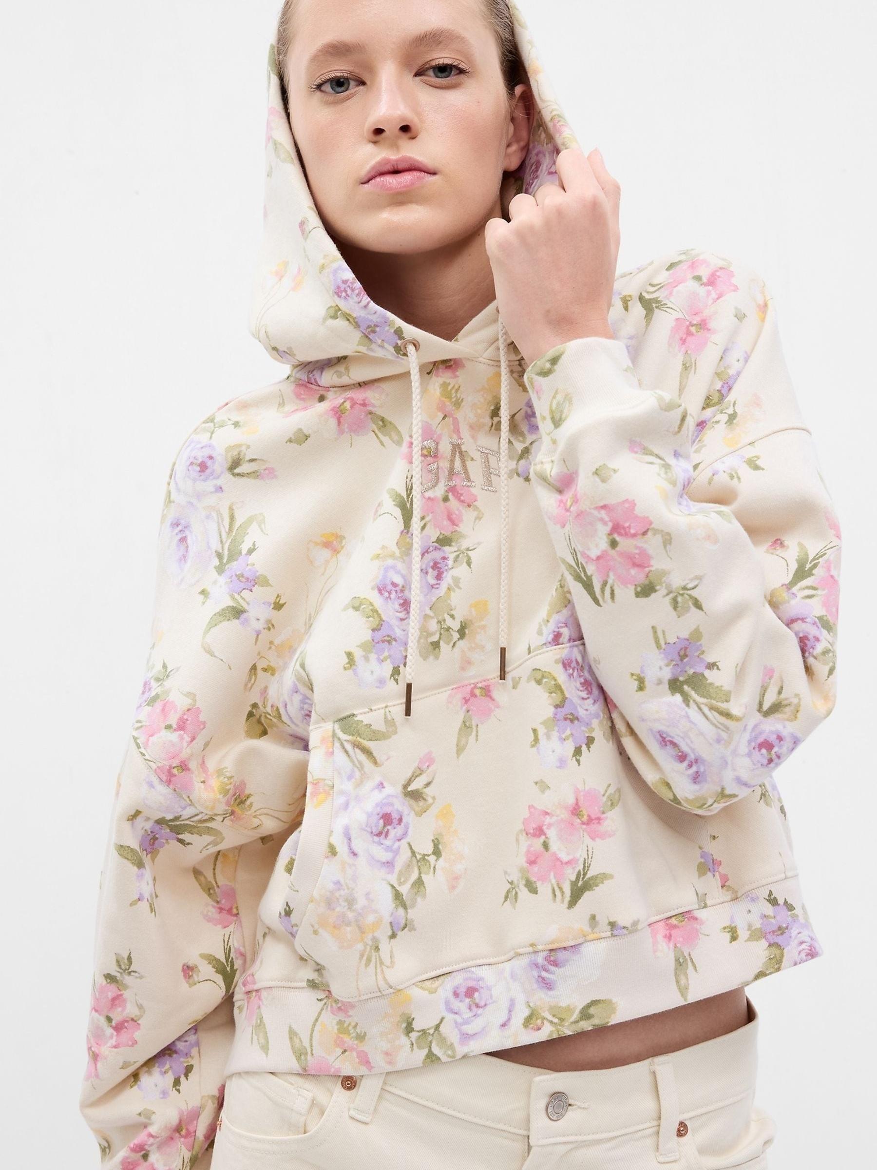 Cream LoveShackFancy Floral Cropped Logo Hoodie - Image 1 of 5