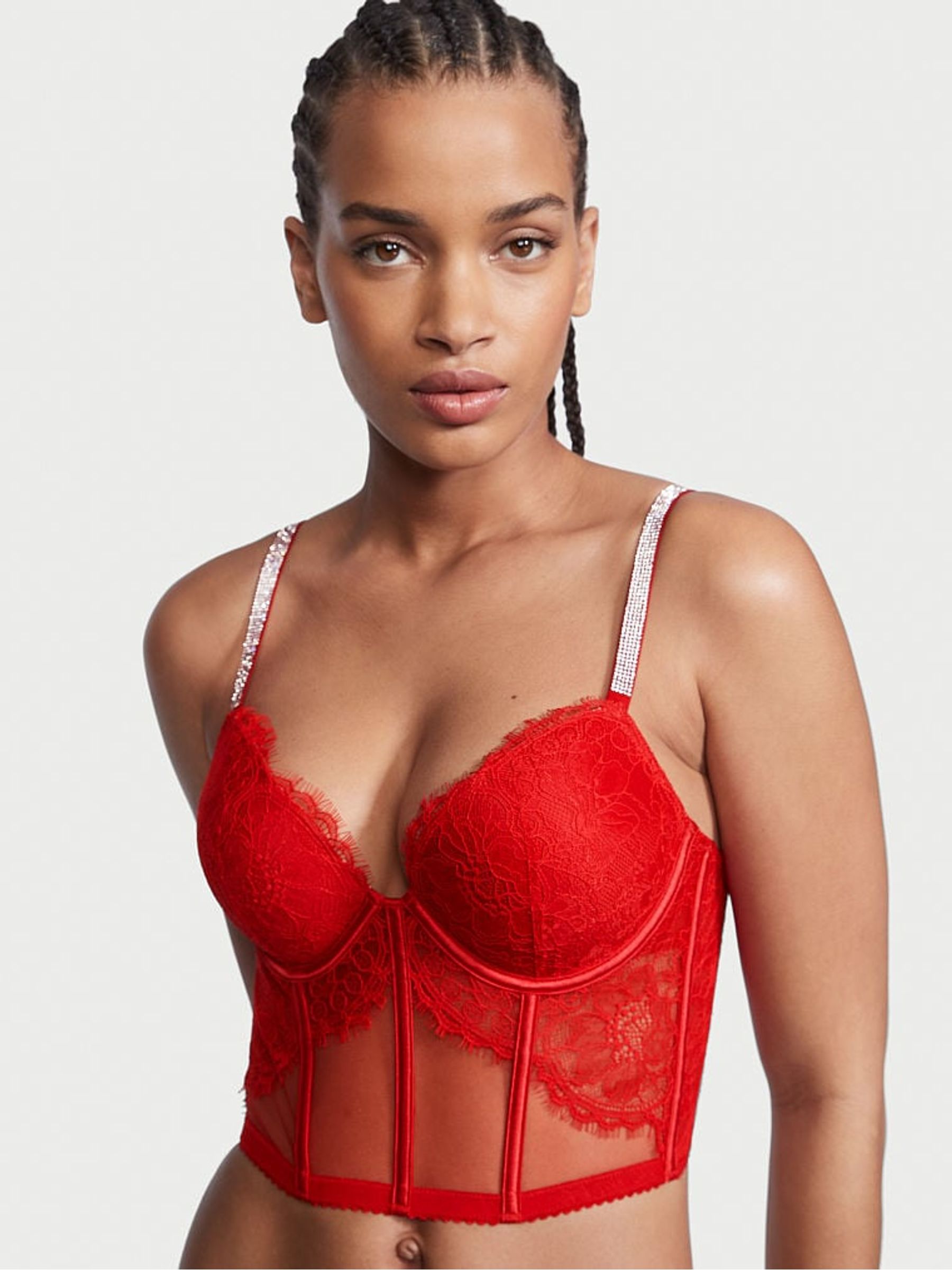 Lipstick Red Corset Bombshell Add 2 Cups Shine Strap Corset Bra Top - Image 1 of 4