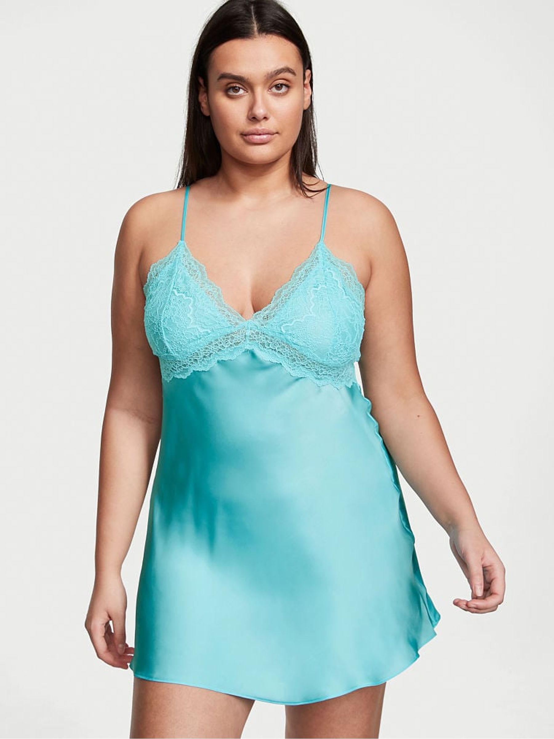 Cool Aqua Blue Lace Plunge OpenBack Slip - Image 1 of 3
