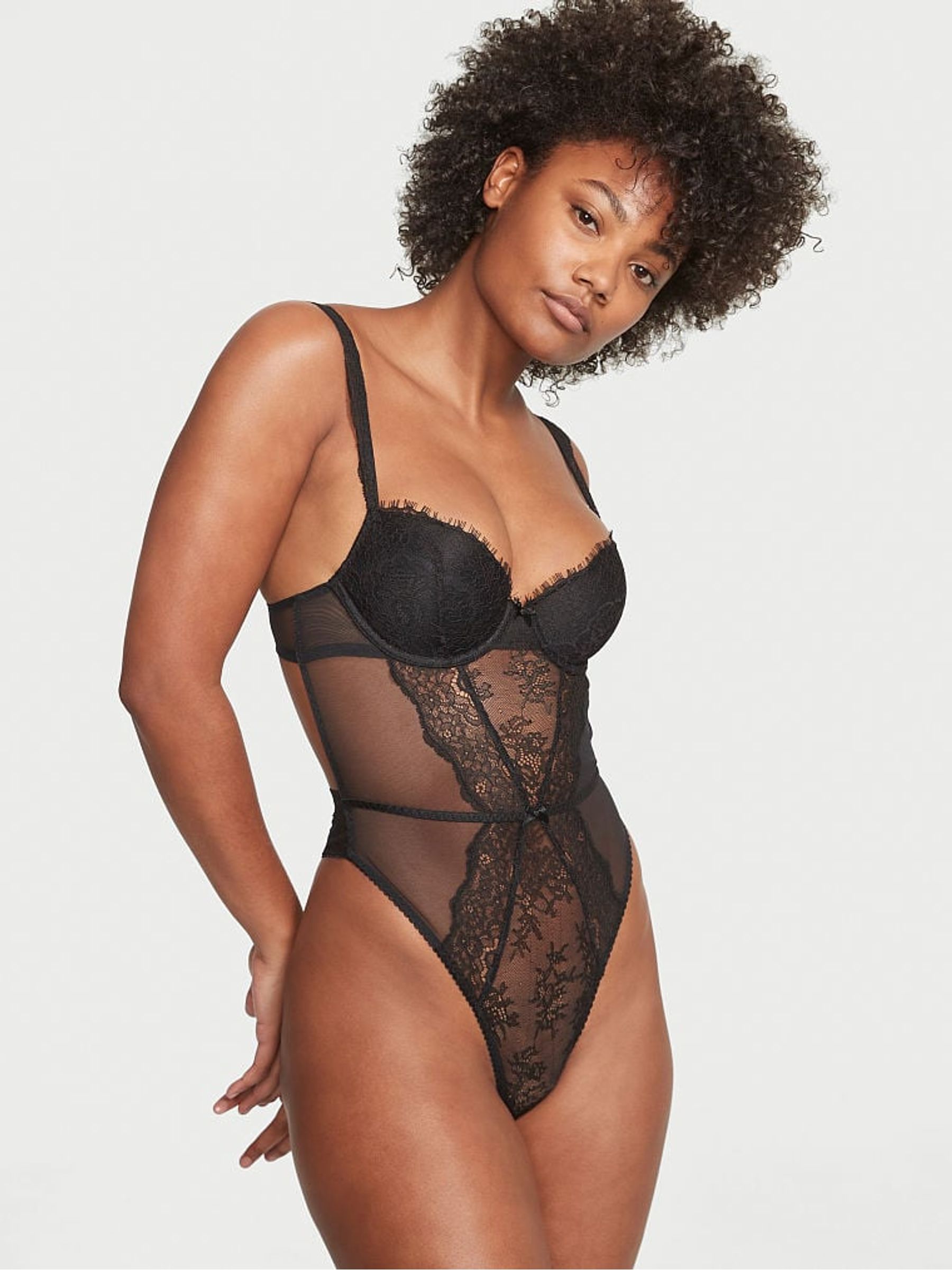 Black Lightly Lined Demi Lace Bodysuit - Image 1 of 3