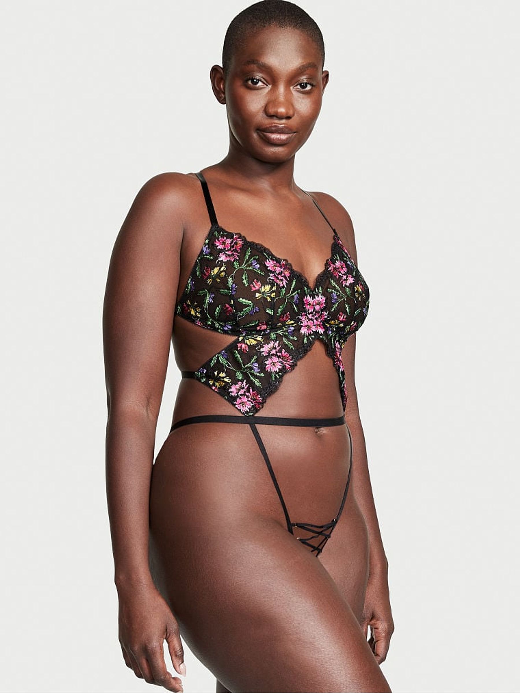 Black Embroidered Crotchless LaceUp Teddy - Image 1 of 1