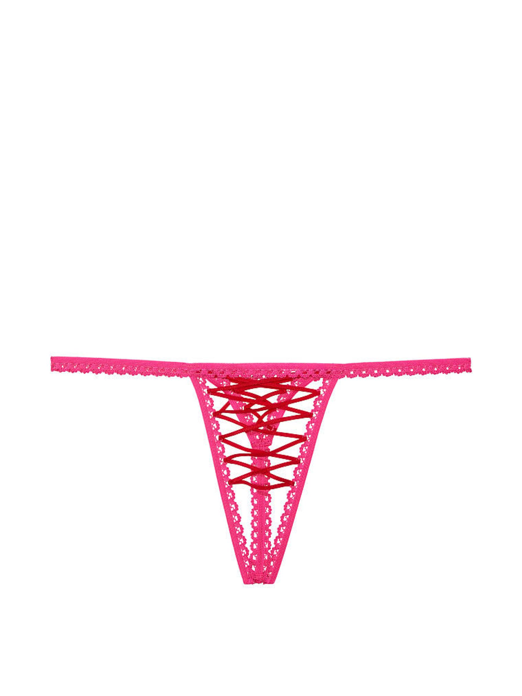 Lipstick Pink Thong Lace Up Crotchless Knickers - Image 3 of 3
