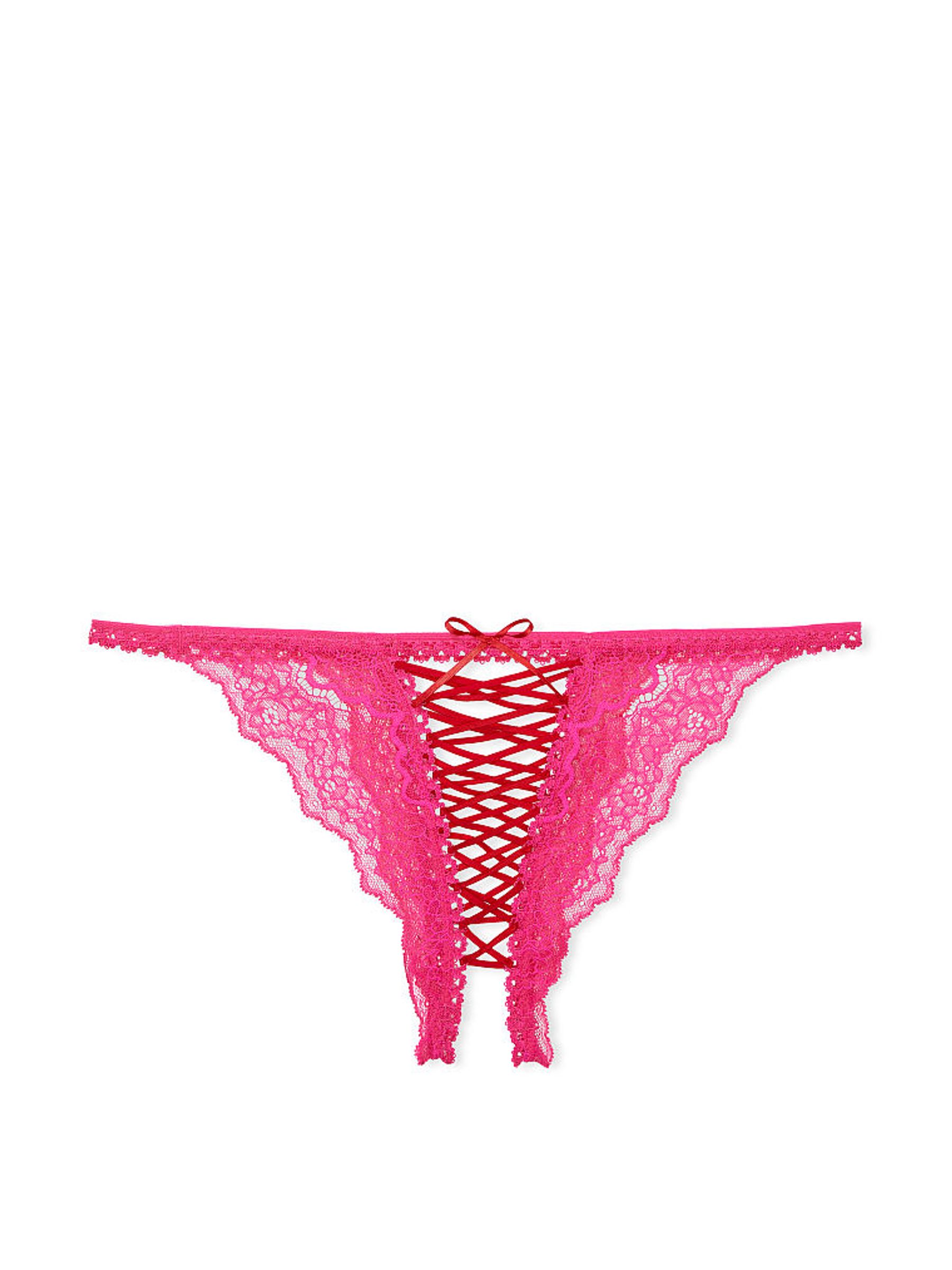Lipstick Pink Bikini Lace Up Crotchless Knickers - Image 3 of 3