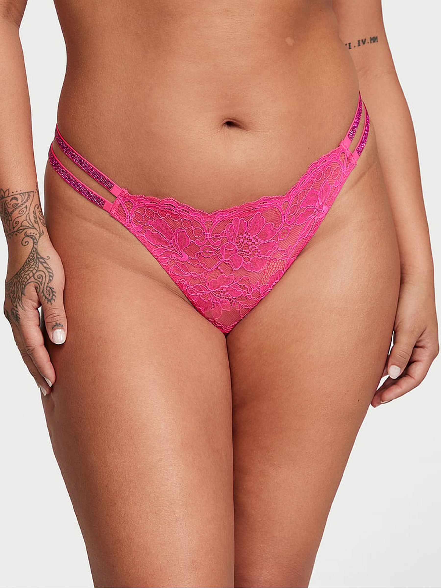 Forever Pink Lace Thong Double Shine Strap Knickers - Image 1 of 3