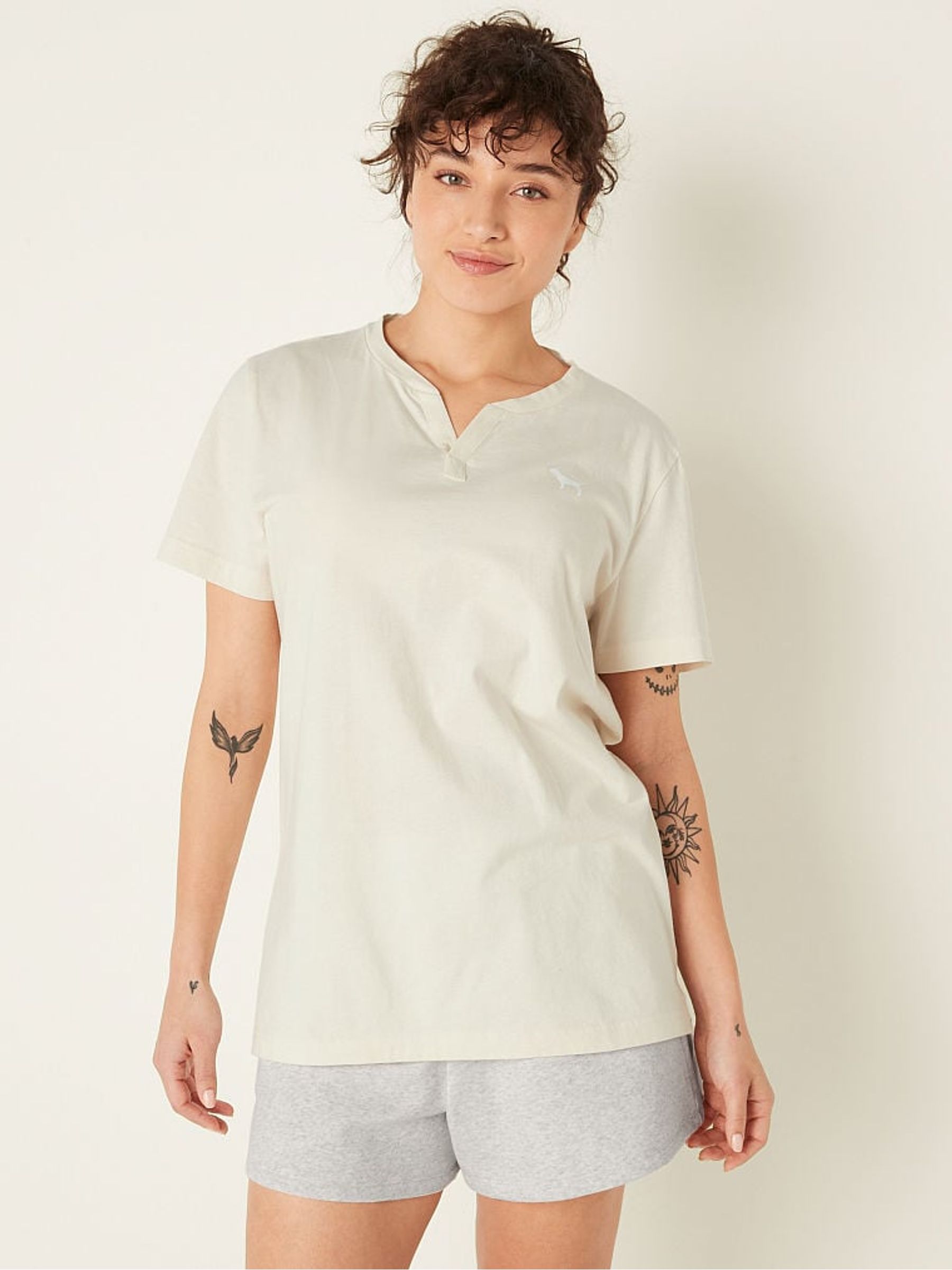 Cream V Neck Short Sleeve T-Shirt - Image 1 of 3