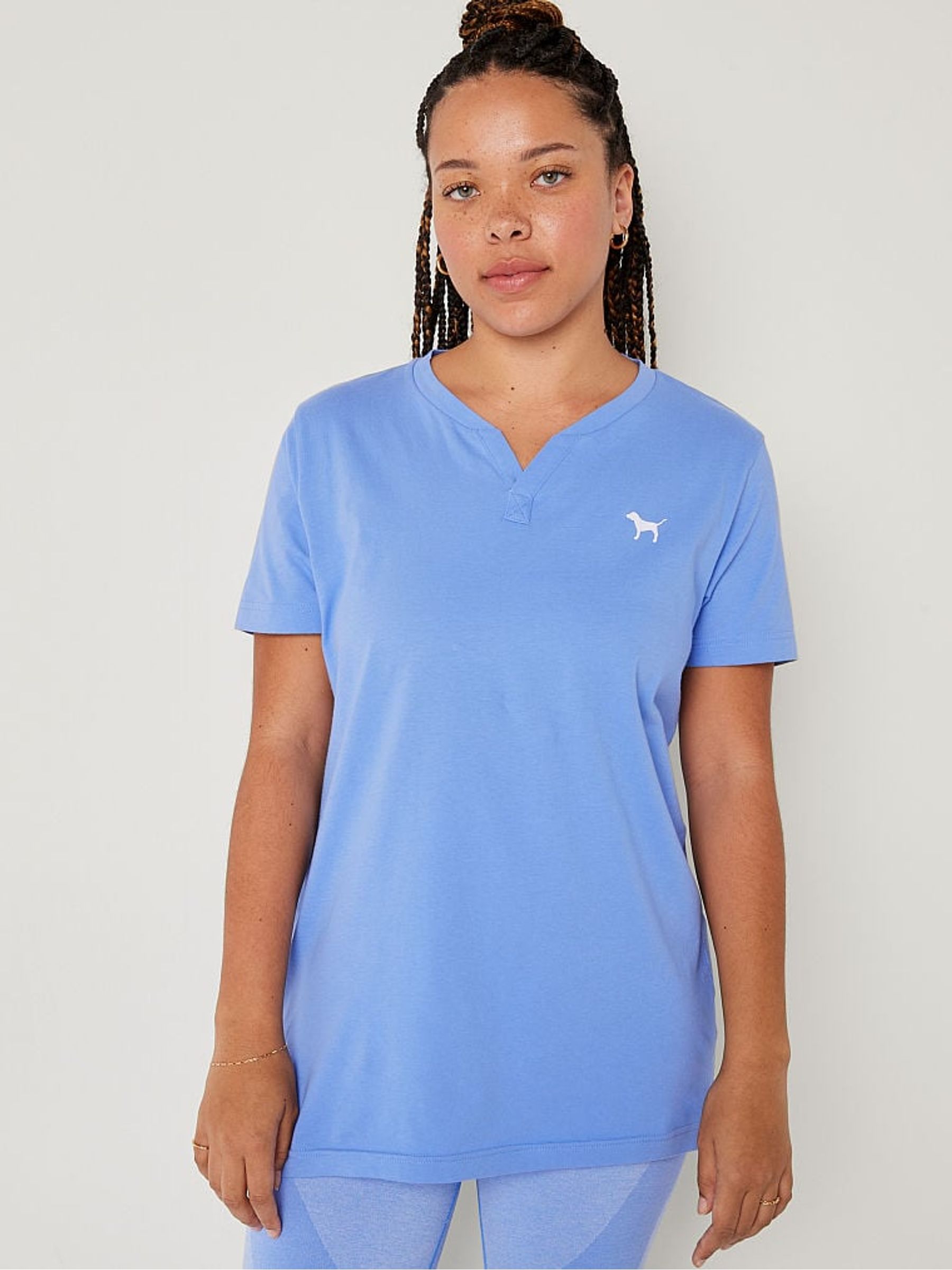 Cornflour Blue Cotton ShortSleeve Henley Campus TShirt - Image 1 of 5