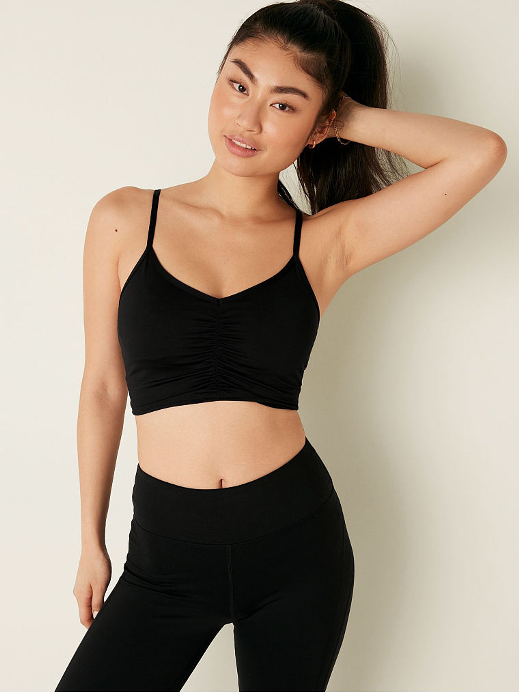 Pure Black Ruched Lightly Lined Low Impact Sports Bra - Image 1 of 4