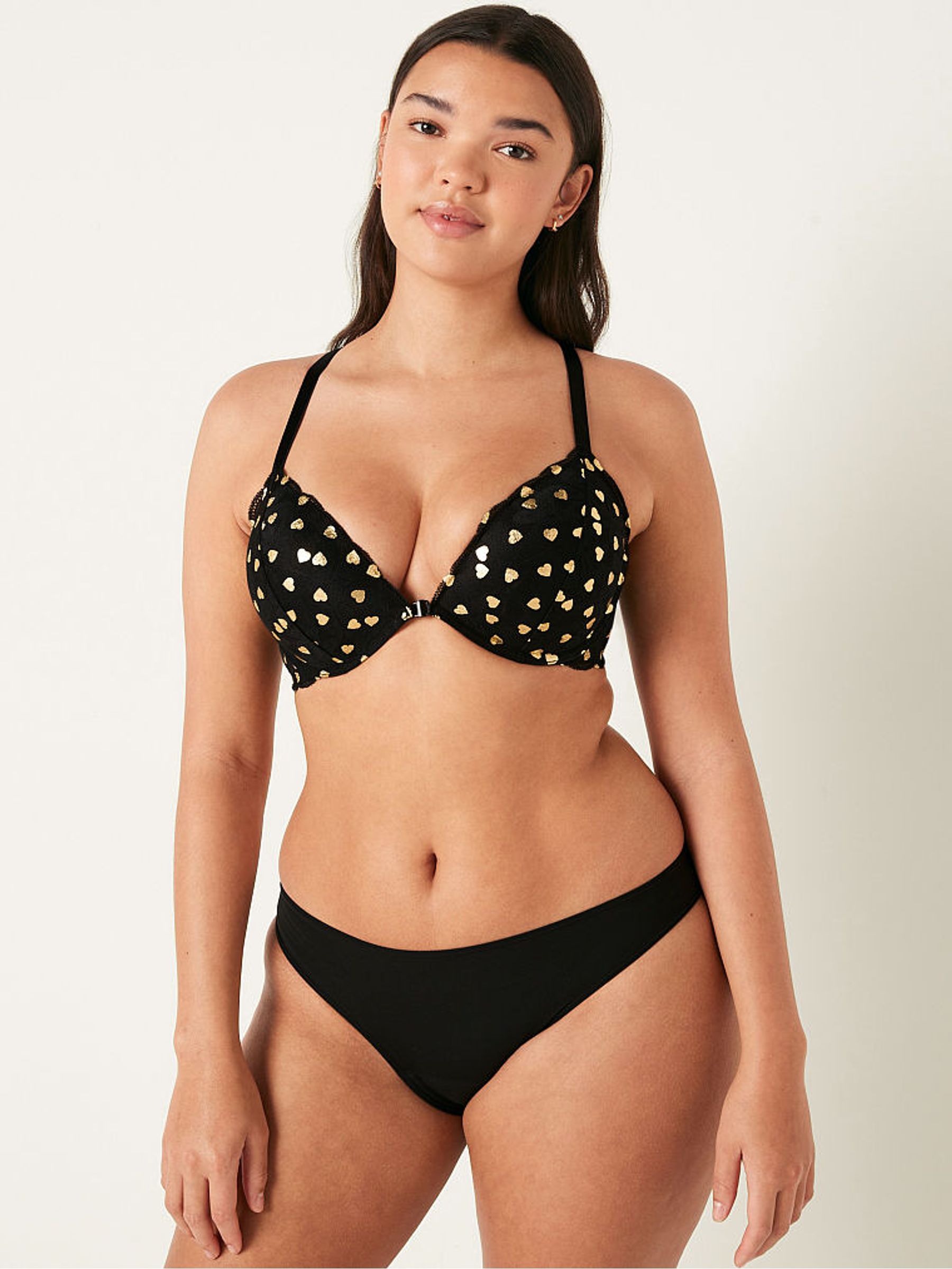 Pure Black Foil Hearts Lace Front Fastening Push Up Bra - Image 1 of 5