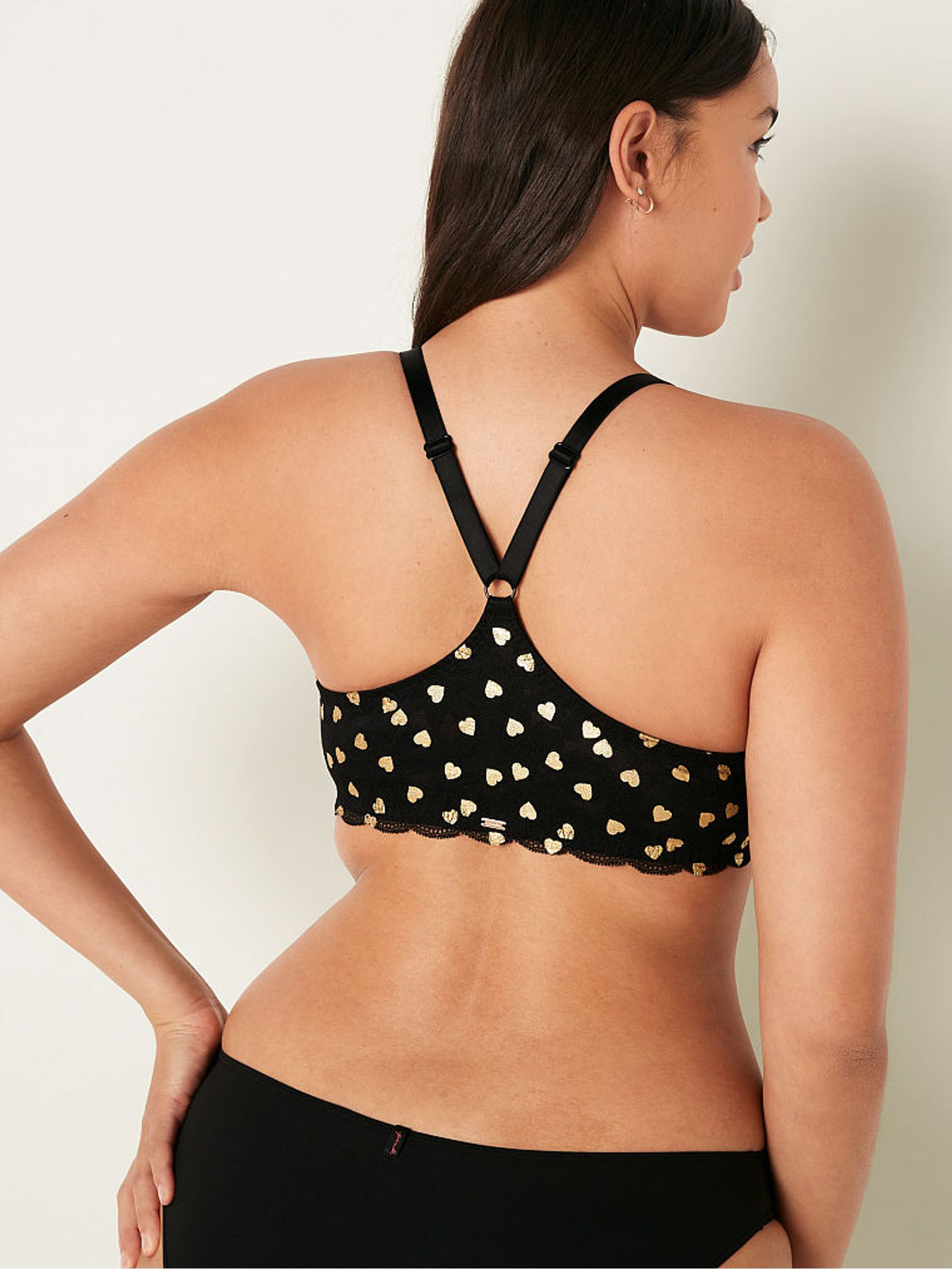 Pure Black Foil Hearts Lace Front Fastening Push Up Bra - Image 2 of 5