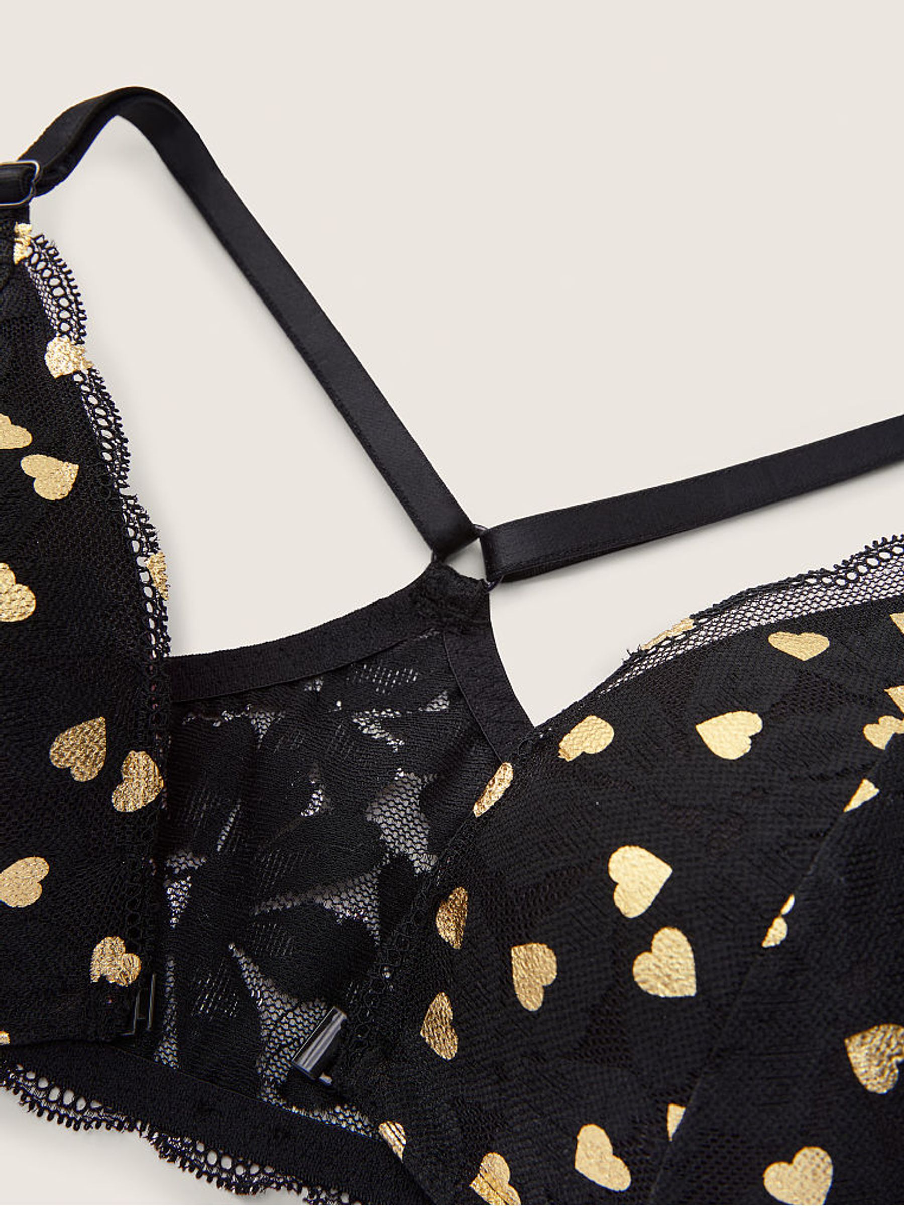 Pure Black Foil Hearts Lace Front Fastening Push Up Bra - Image 5 of 5