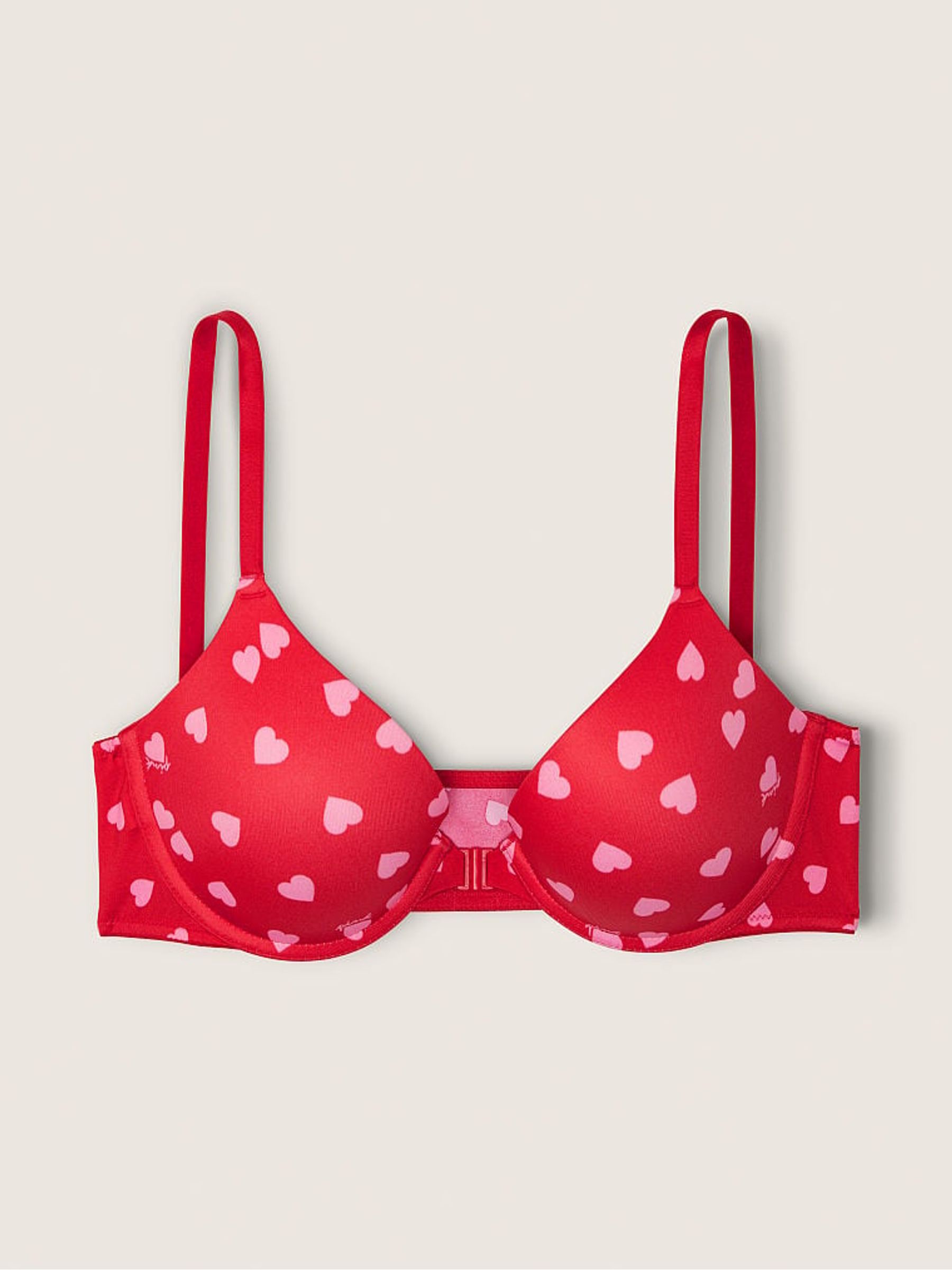 Heart Print Red Push Up Front Fastening Push Up T-Shirt Bra - Image 3 of 5