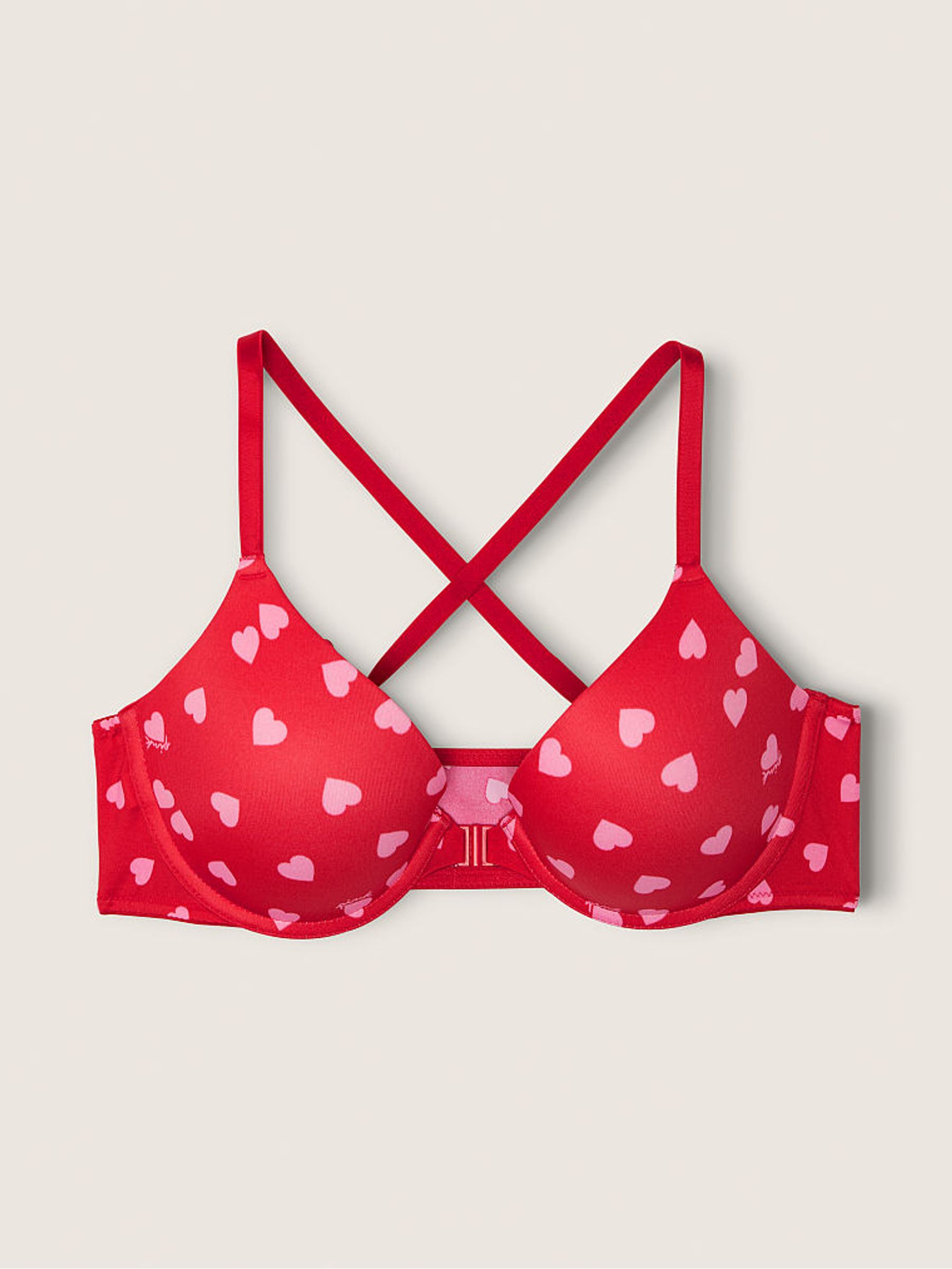 Heart Print Red Push Up Front Fastening Push Up T-Shirt Bra - Image 4 of 5