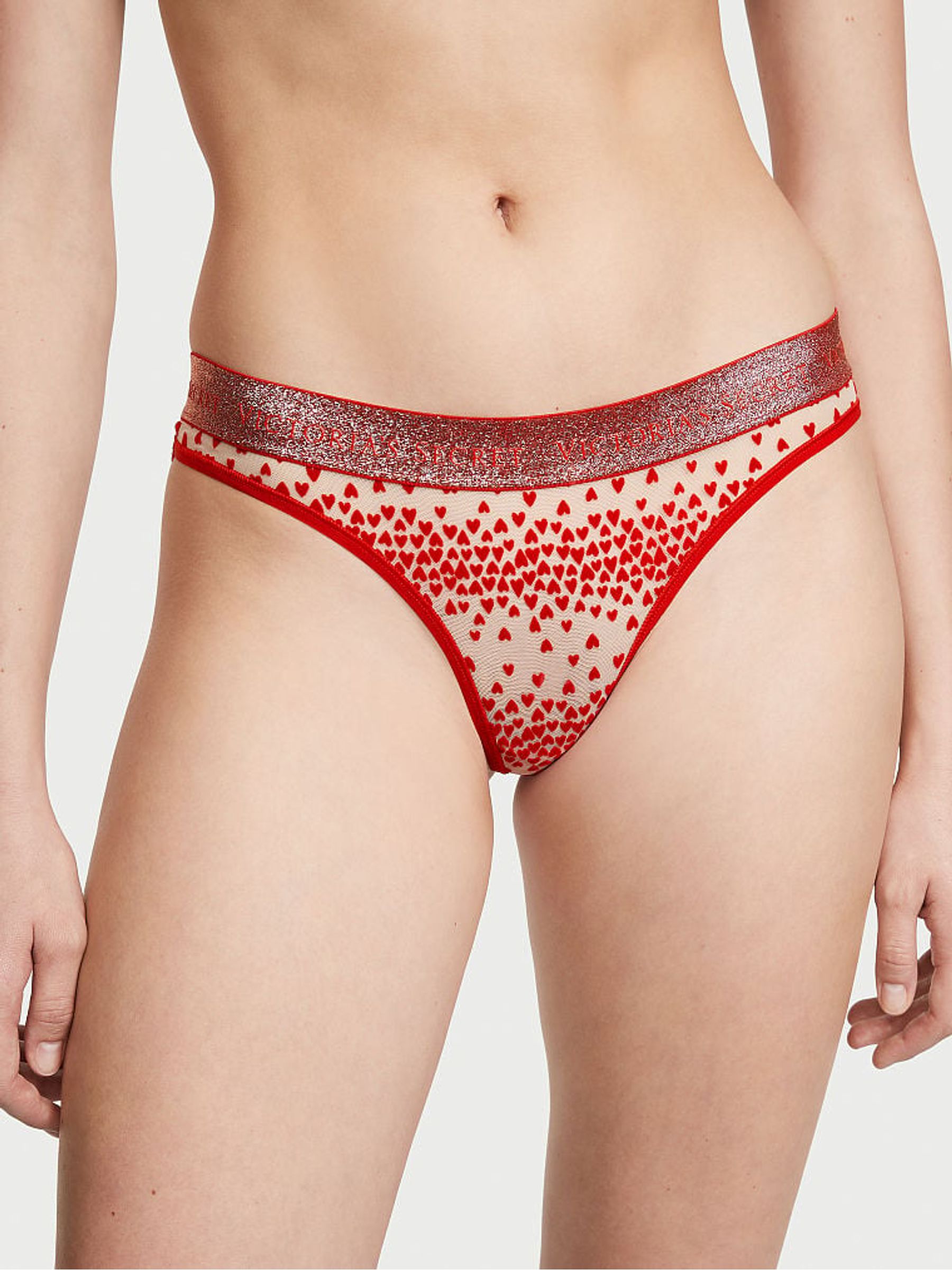 Lipstick Flocked Hearts Red Thong Logo Cotton Knickers - Image 1 of 1