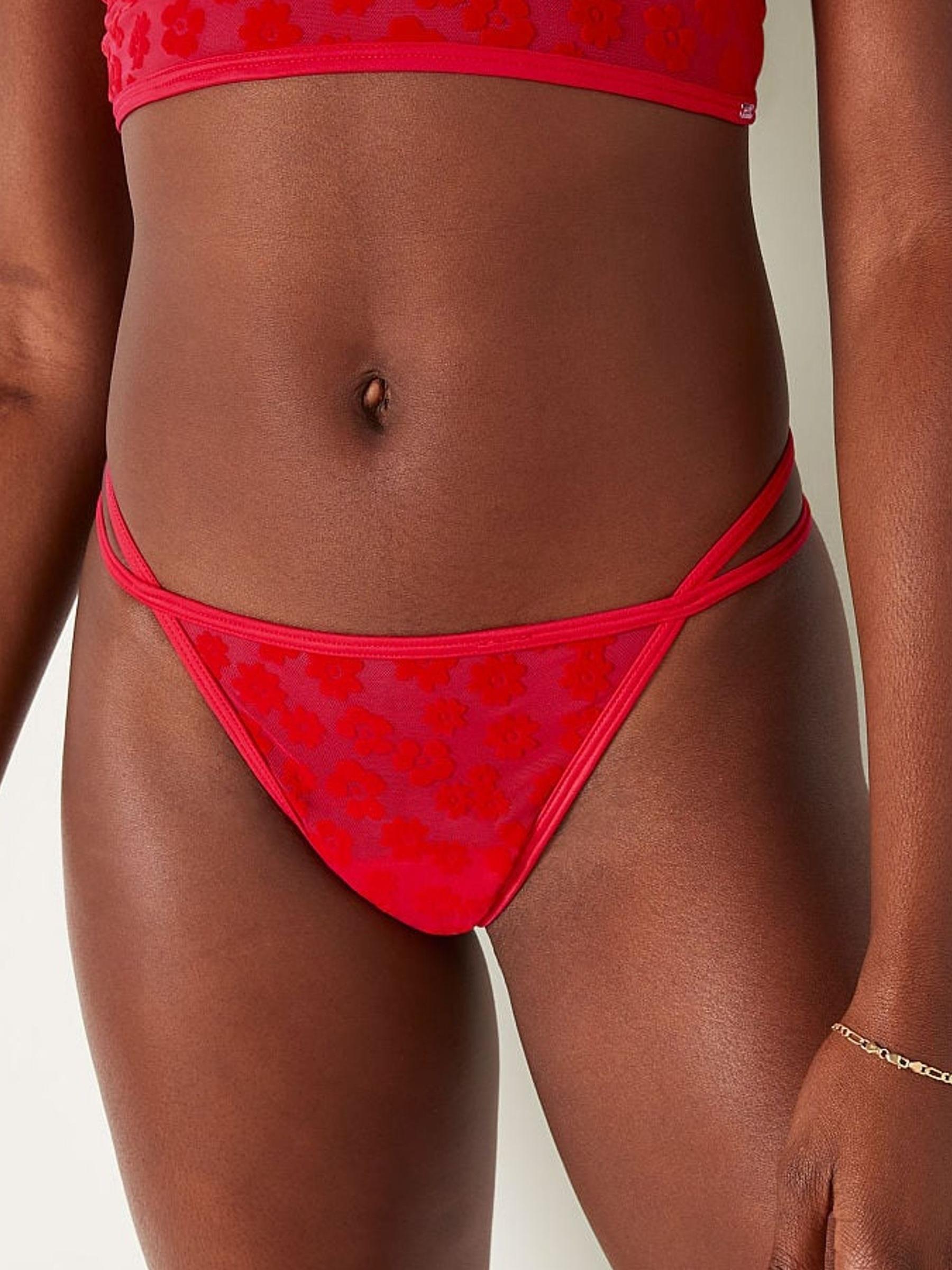 Red Pepper Daisy Flocked Mesh Thong Knickers - Image 1 of 2