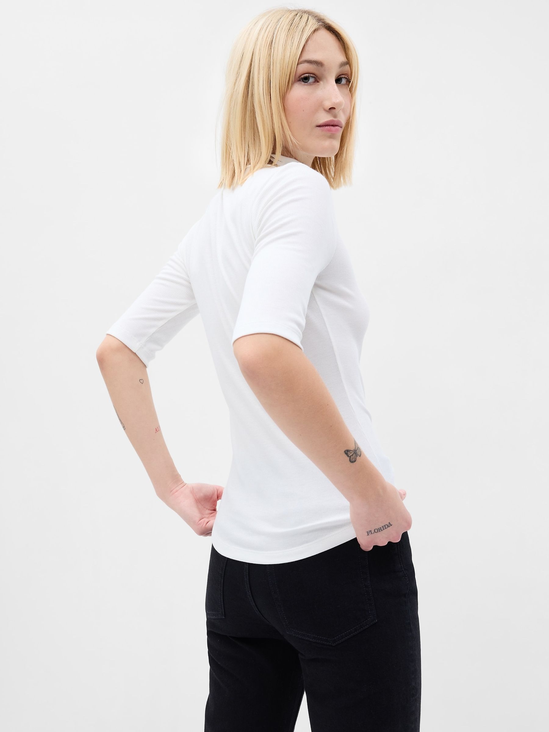 White Ribbed Stripe Short Sleeve Mock Neck T-Shirt - Image 2 of 5