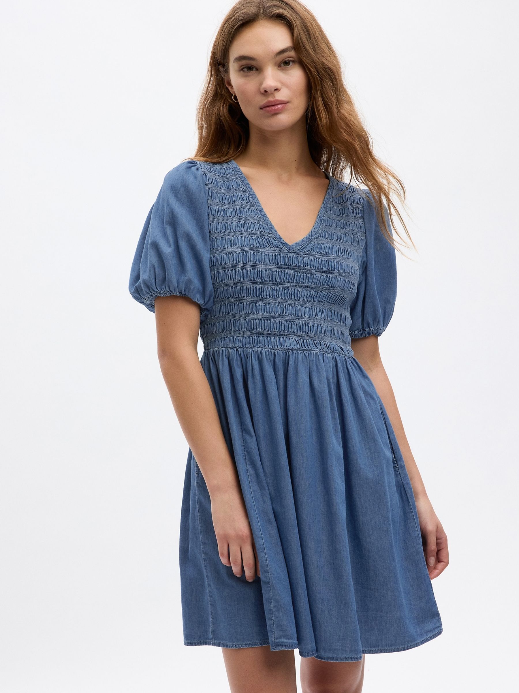 Blue Denim Puff Sleeve Mini Dress with Washwell - Image 1 of 1