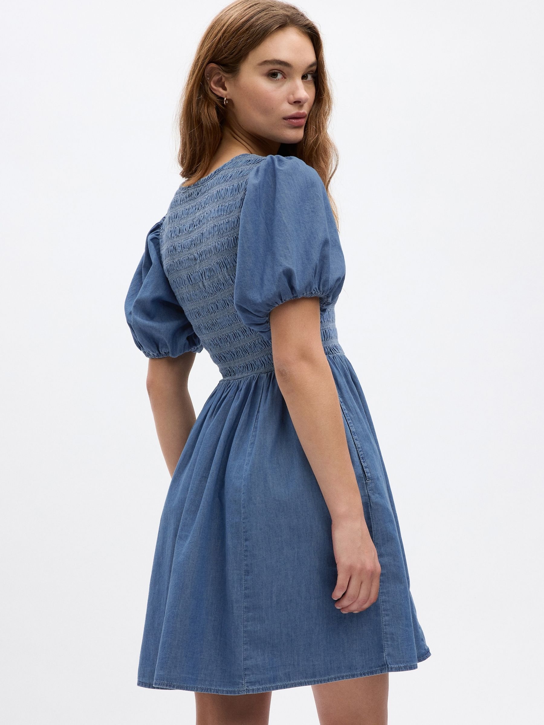 Blue Denim Puff Sleeve Mini Dress with Washwell - Image 2 of 7