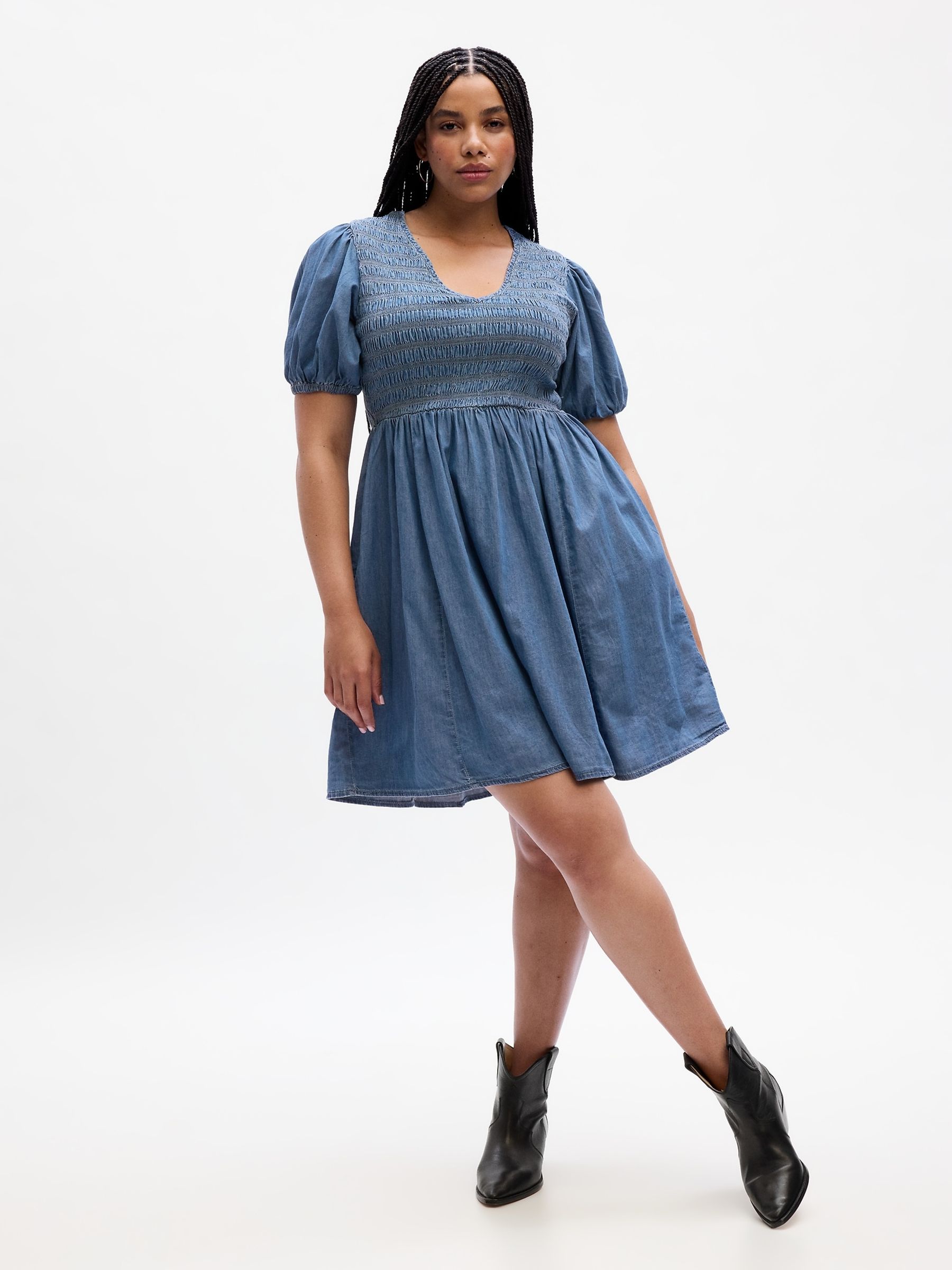 Blue Denim Puff Sleeve Mini Dress with Washwell - Image 3 of 7