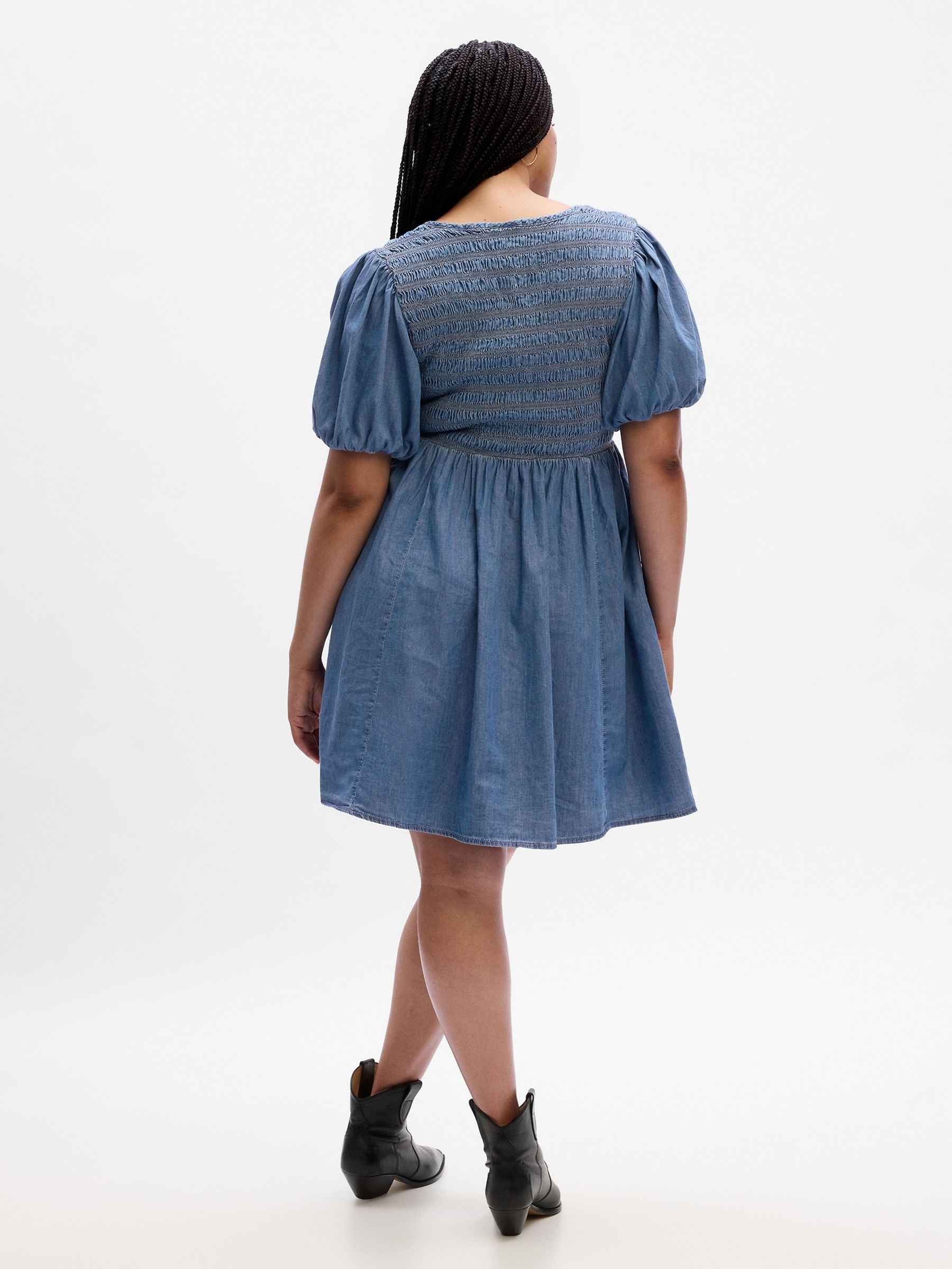 Blue Denim Puff Sleeve Mini Dress with Washwell - Image 4 of 7