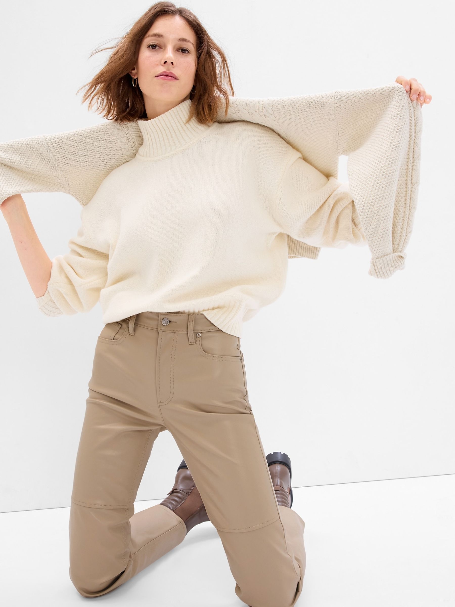 Beige High Waisted Faux-Leather Cheeky Straight Jeans - Image 4 of 5
