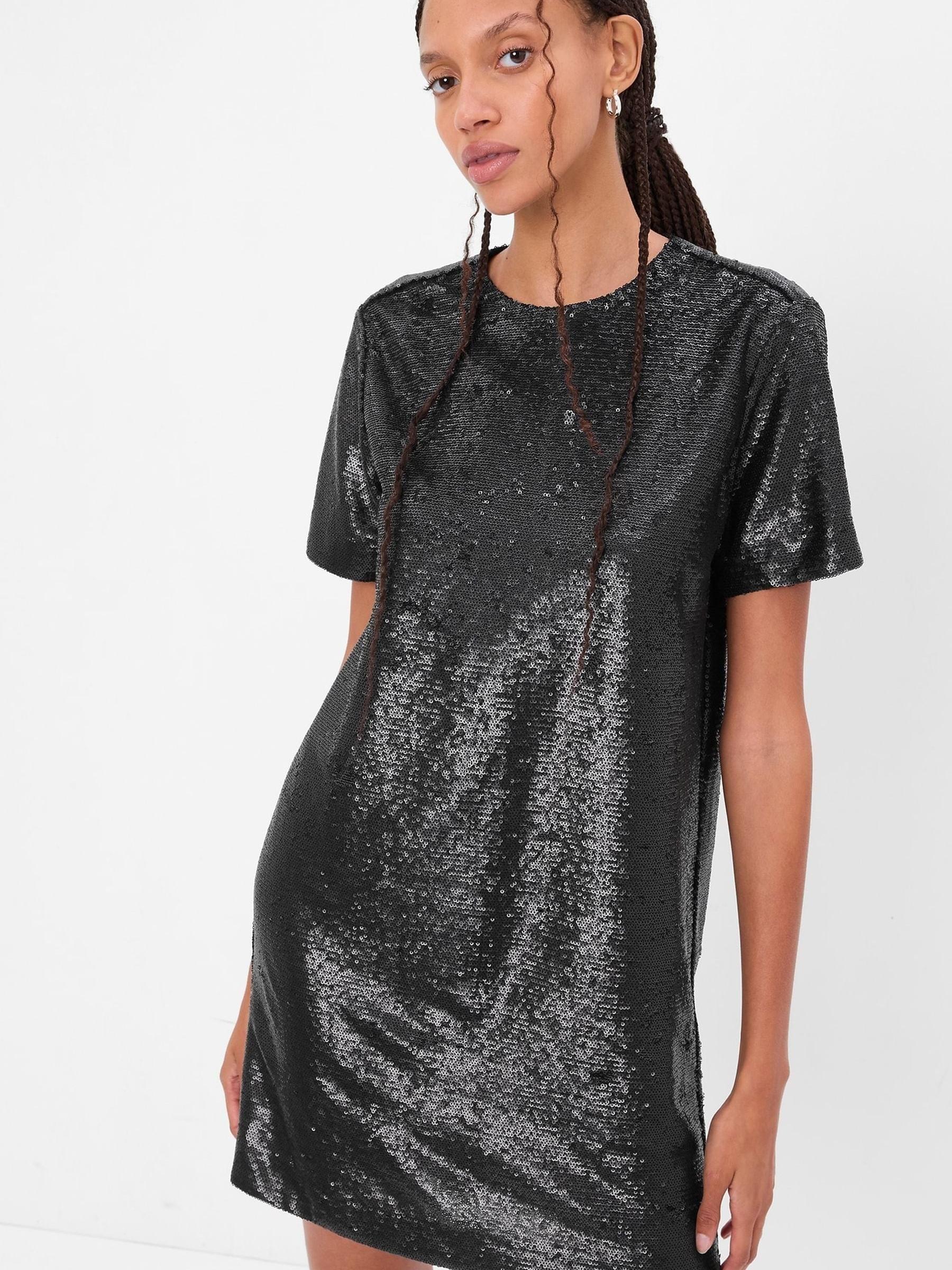 Black Sequin Short Sleeve T-Shirt Mini Dress - Image 1 of 4