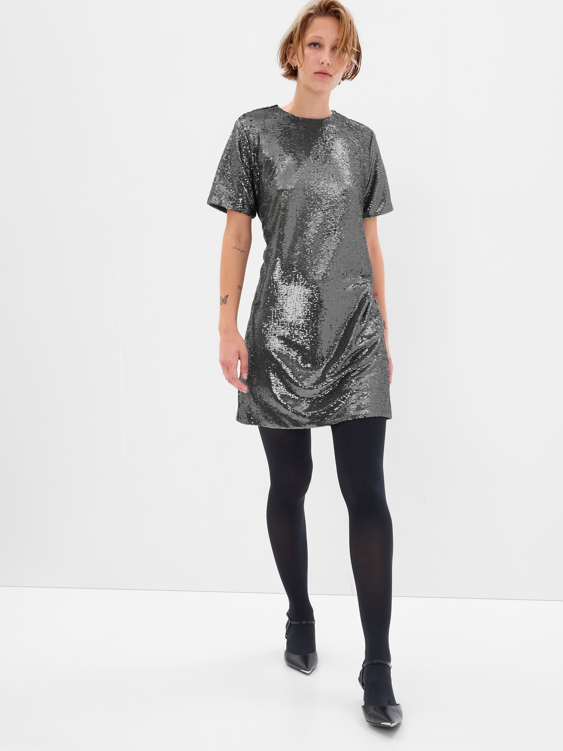 Grey Sequin Short Sleeve T-Shirt Mini Dress - Image 1 of 4