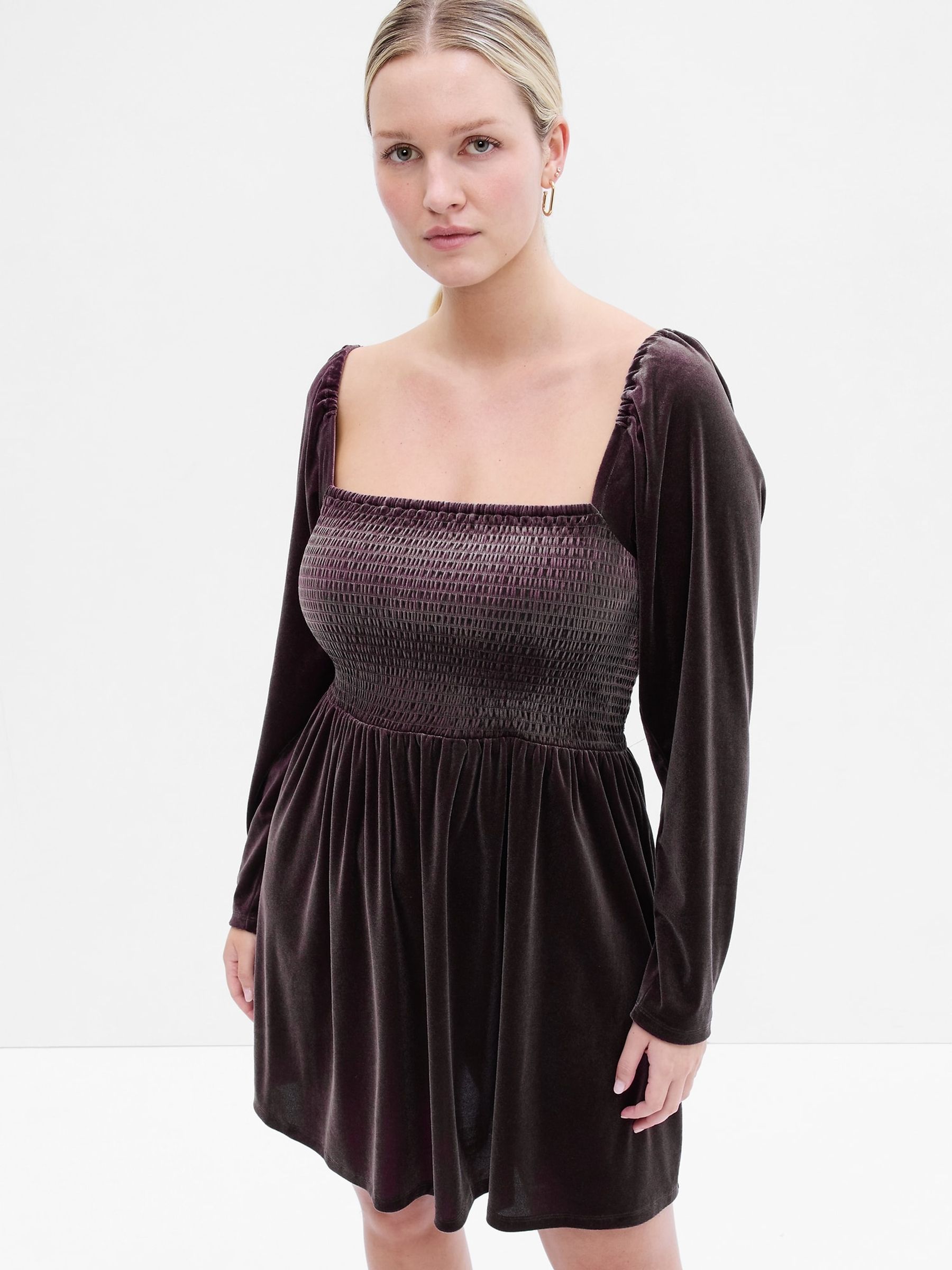 Brown Smocked Velvet Mini Dress - Image 4 of 5