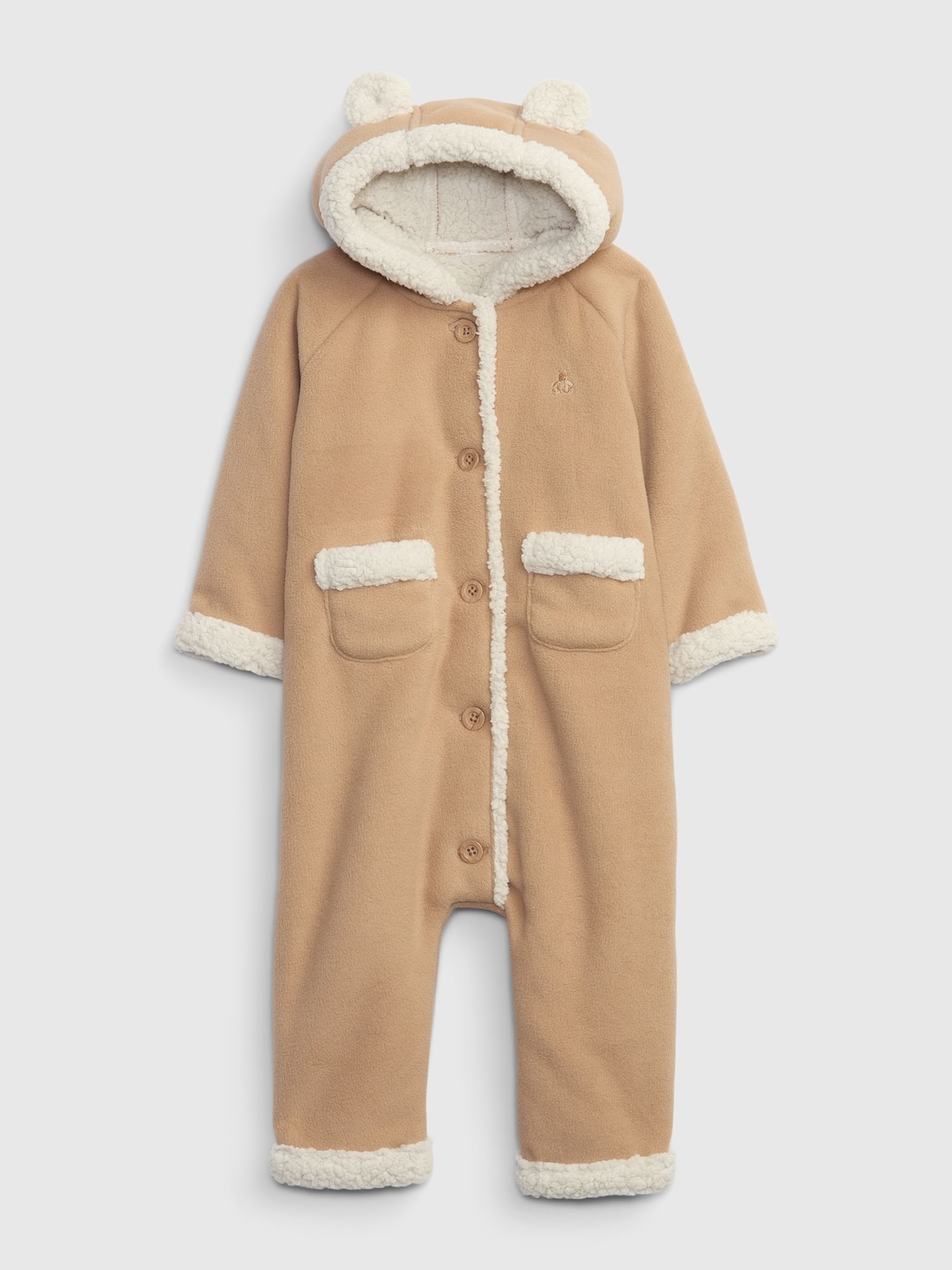 Brown Sherpa Lined Button-Up Baby Pramsuit - Image 1 of 3