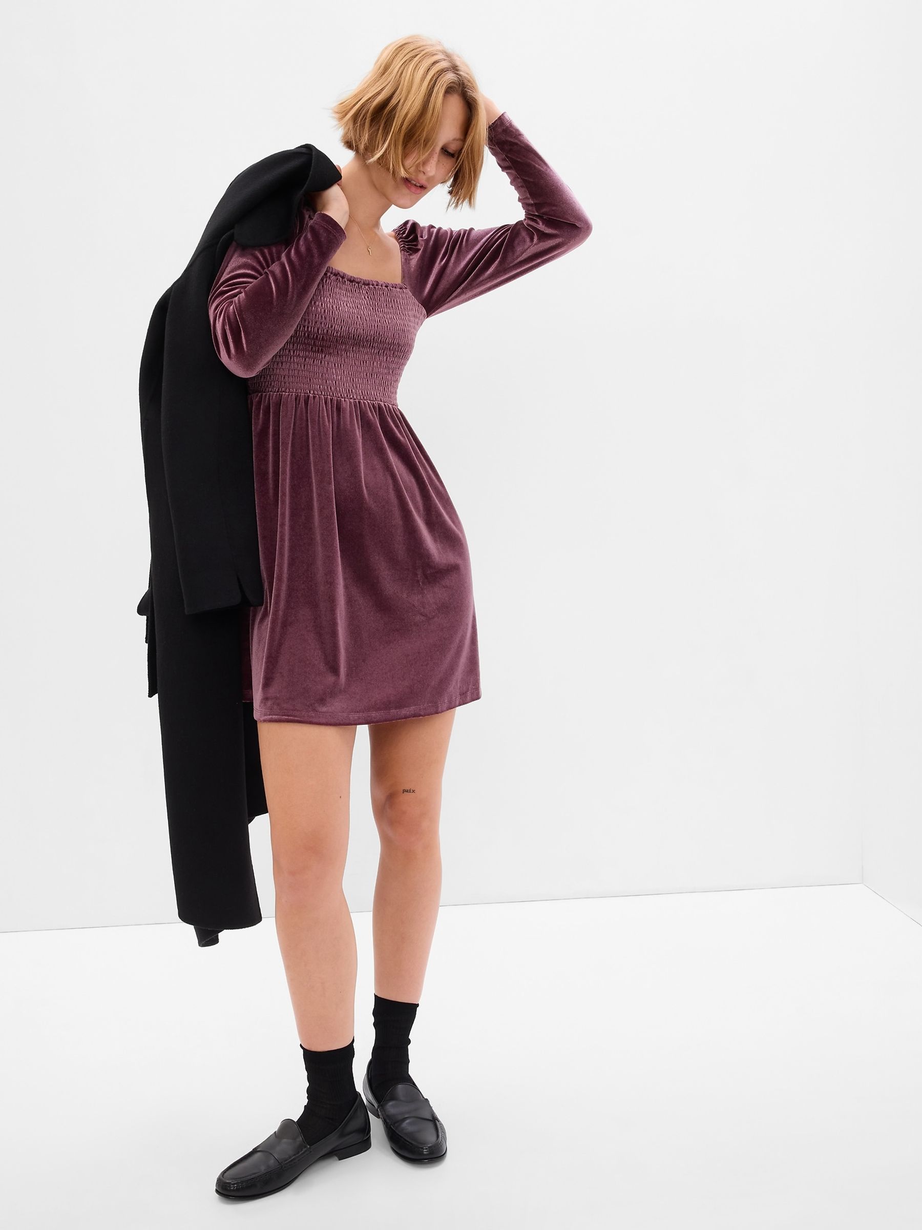 Purple Smocked Velvet Long Sleeve Mini Dress - Image 1 of 5
