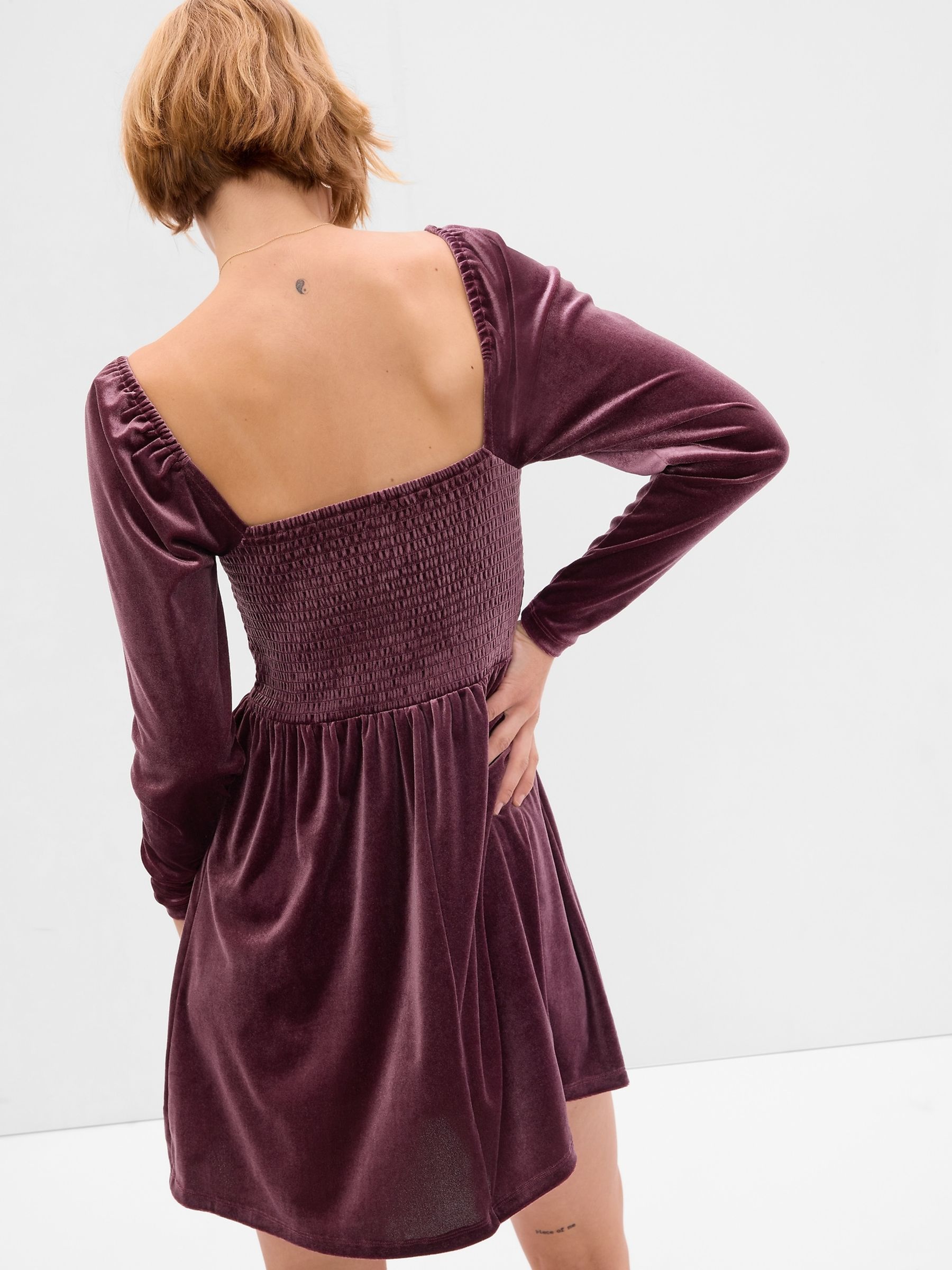 Purple Smocked Velvet Long Sleeve Mini Dress - Image 2 of 5
