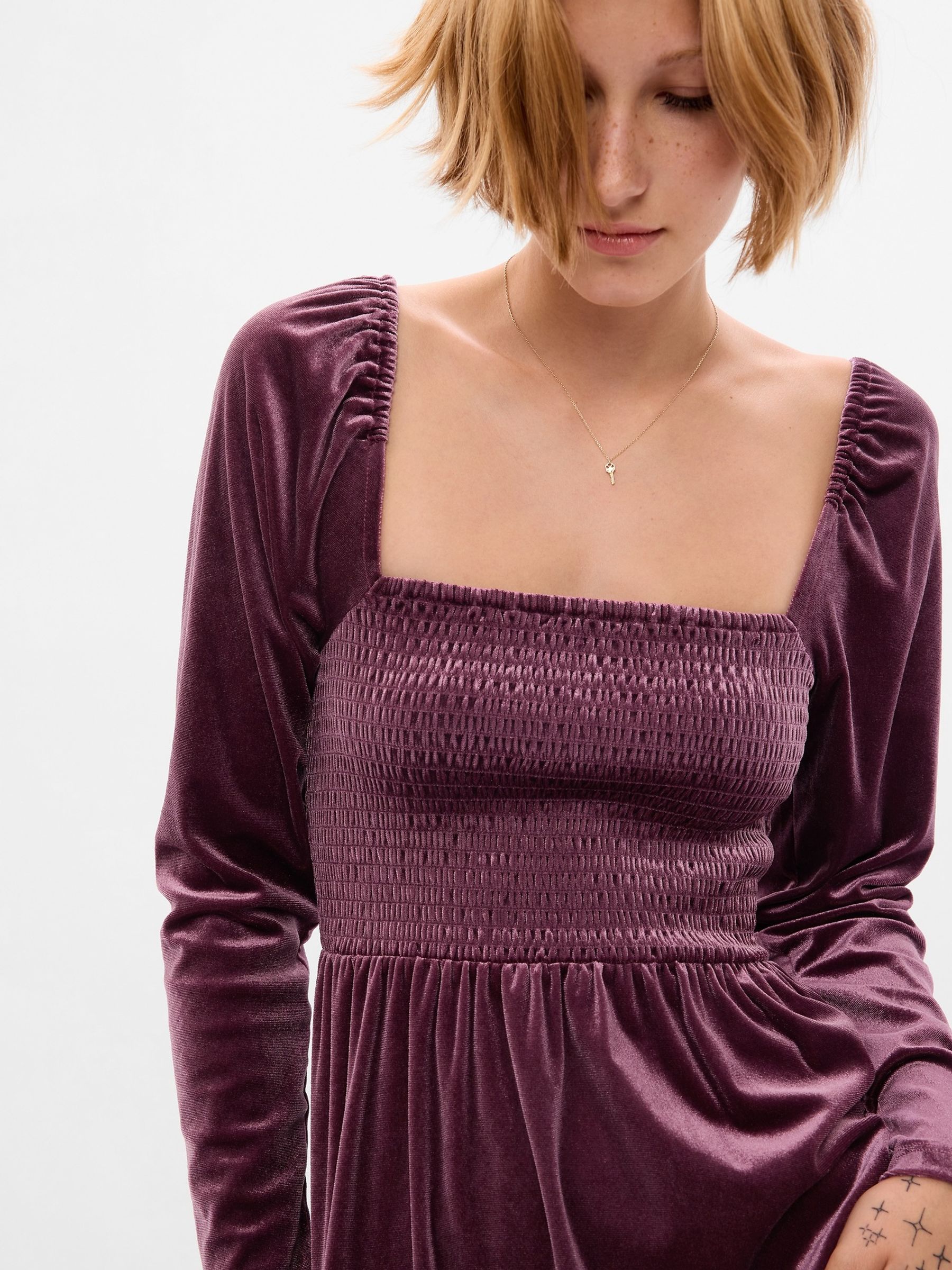 Purple Smocked Velvet Long Sleeve Mini Dress - Image 5 of 5