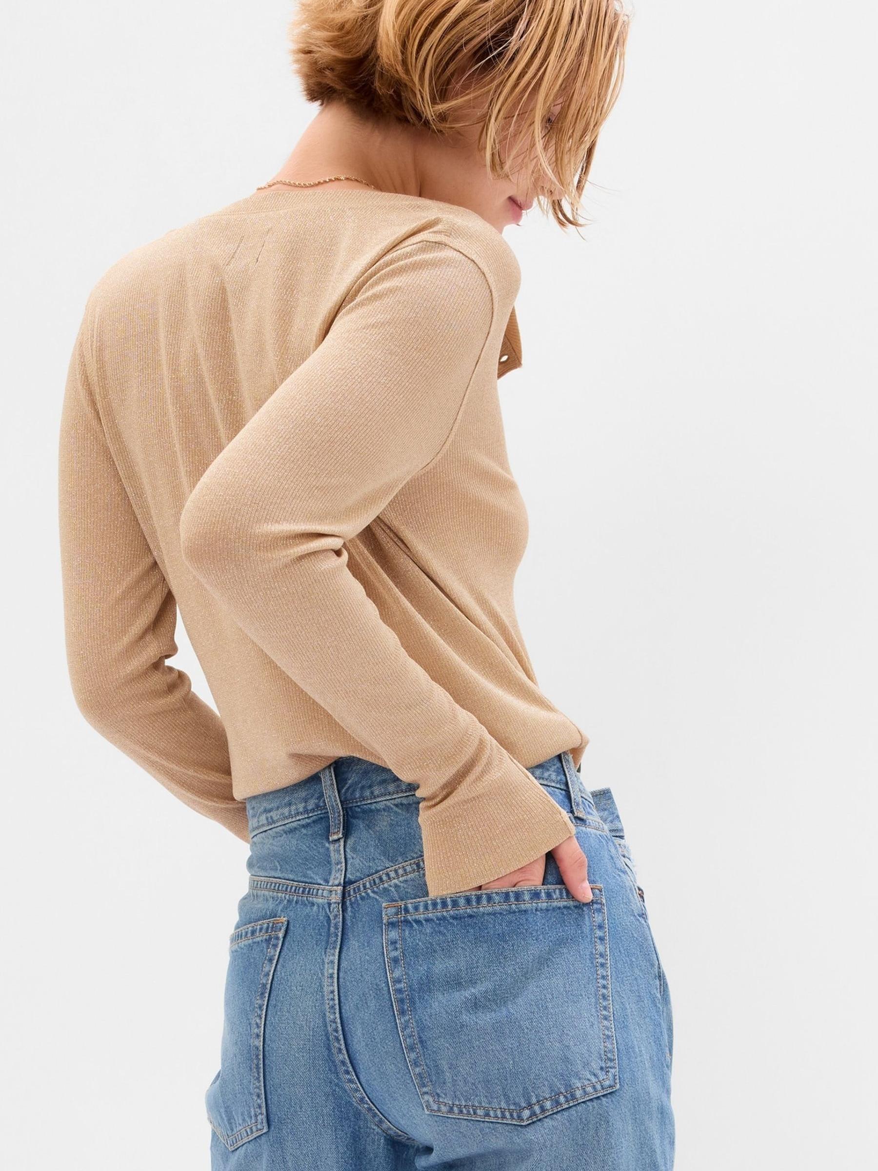 Beige Metallic Long Sleeve Crew Neck Henley T-Shirt - Image 2 of 5
