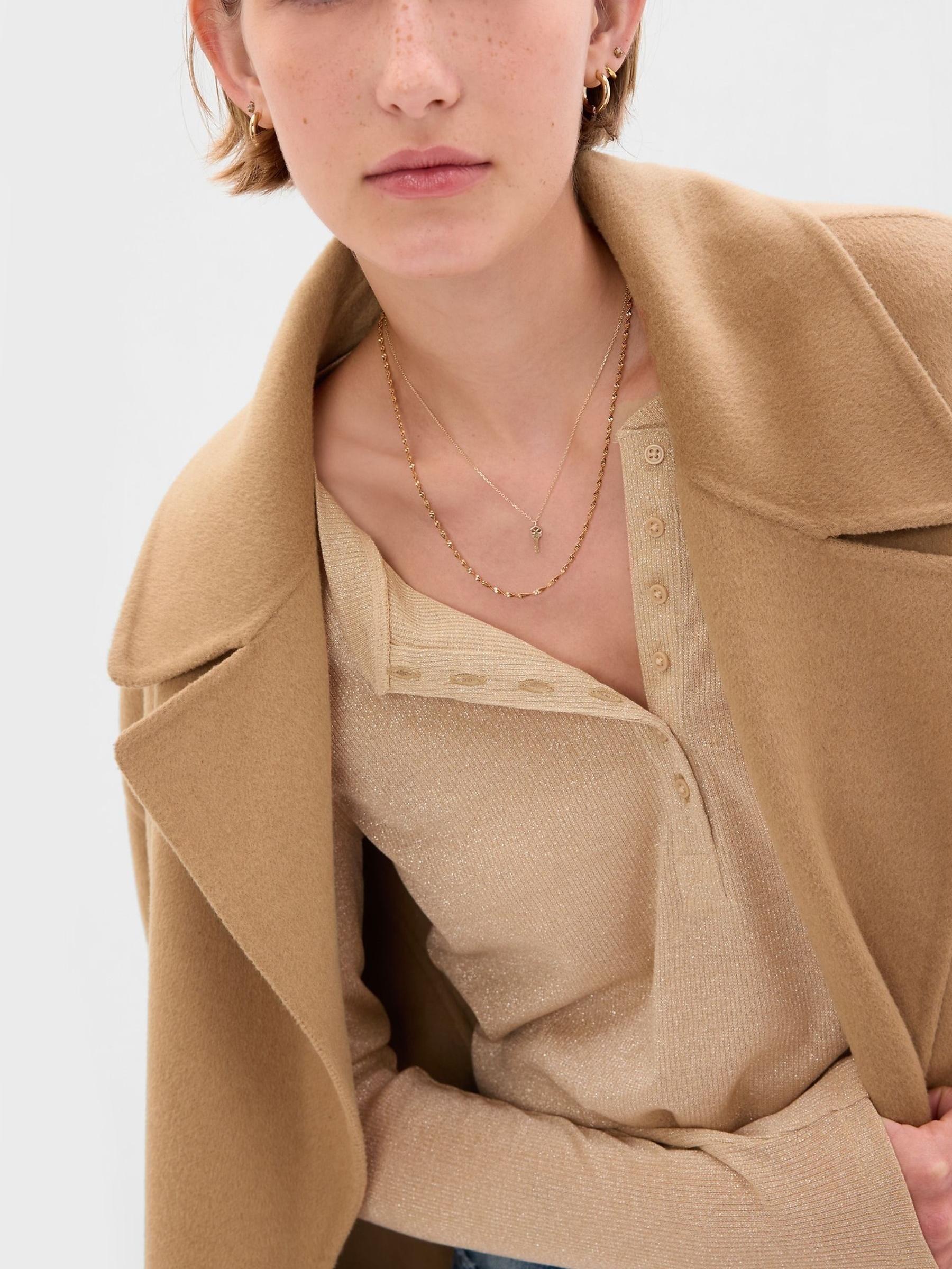 Beige Metallic Long Sleeve Crew Neck Henley T-Shirt - Image 3 of 5