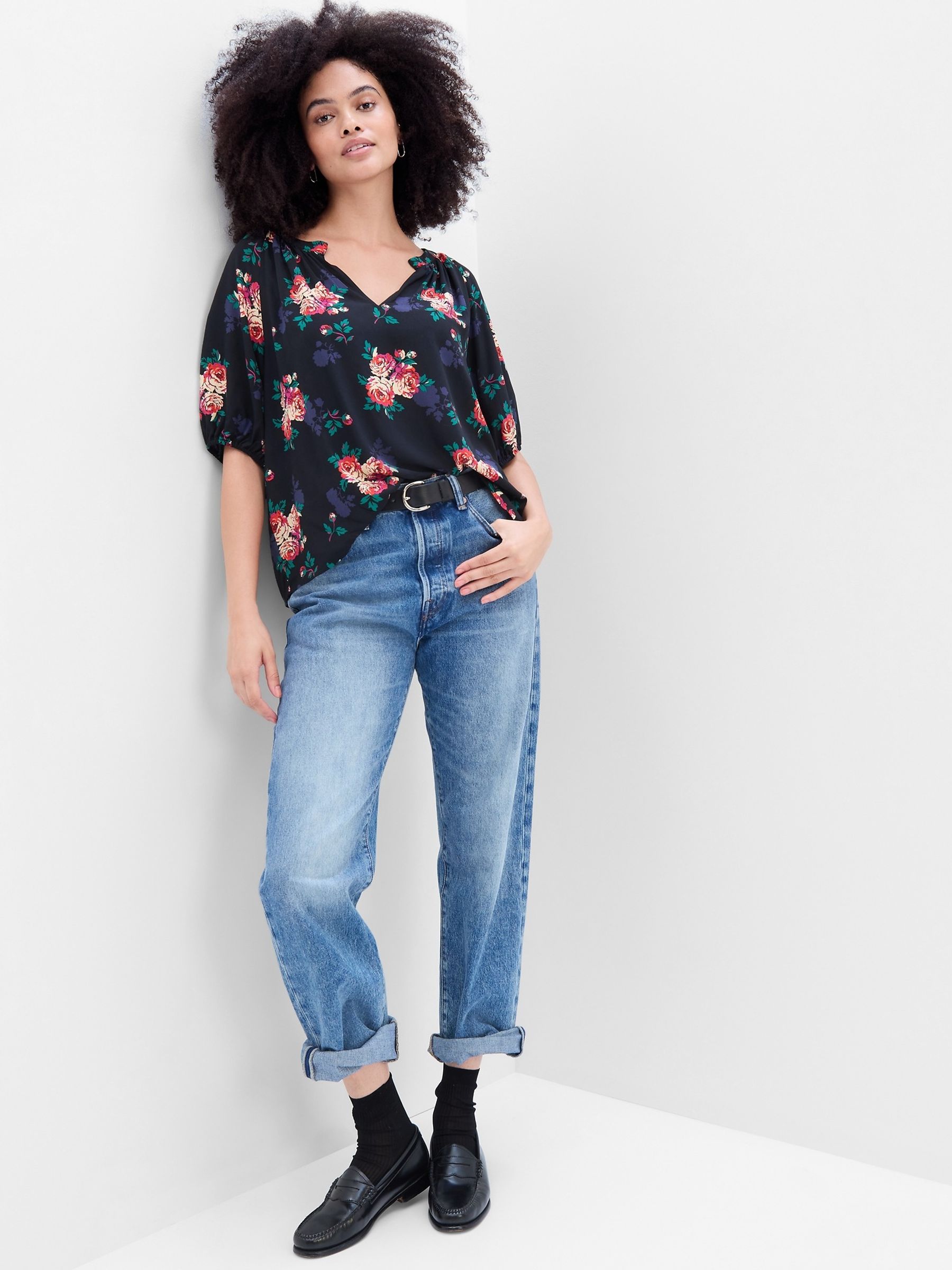 Black Rayon Puff Sleeve Top - Image 2 of 5