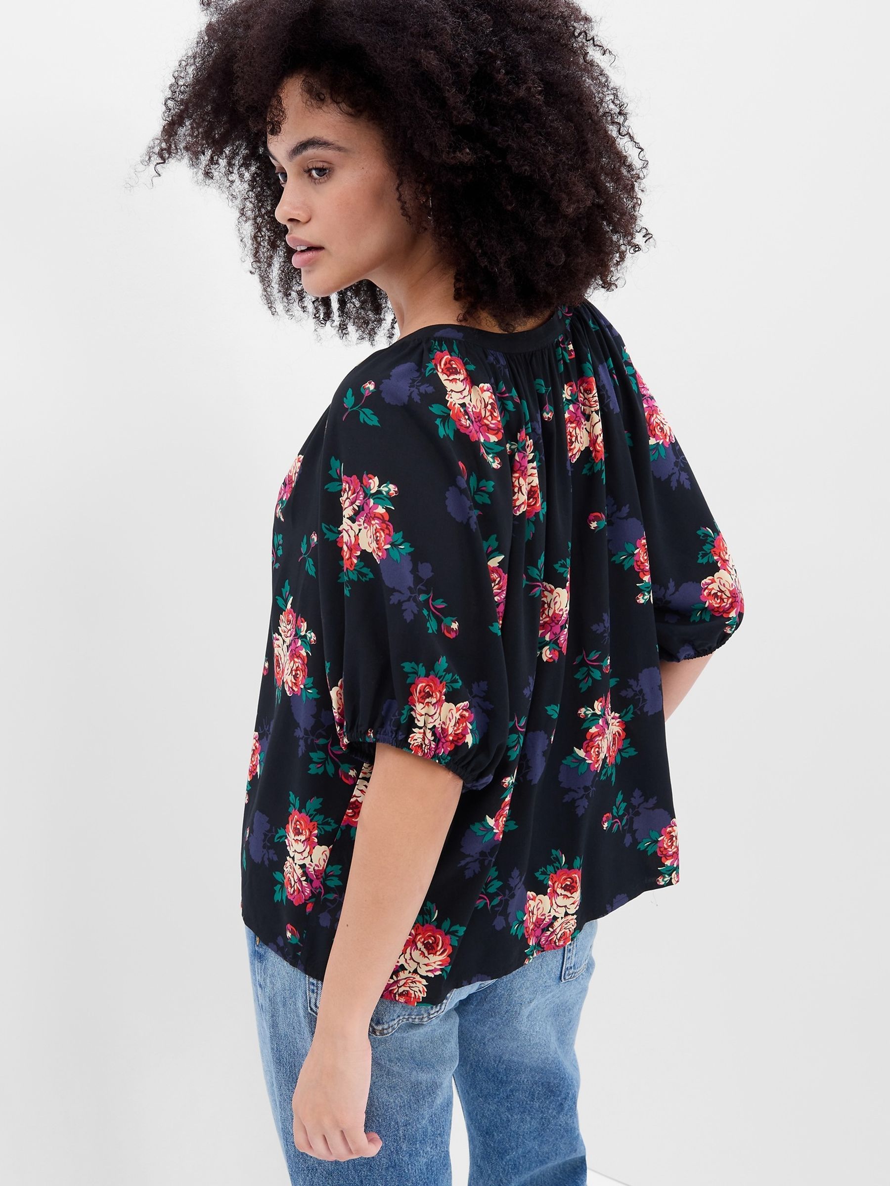 Black Rayon Puff Sleeve Top - Image 3 of 5