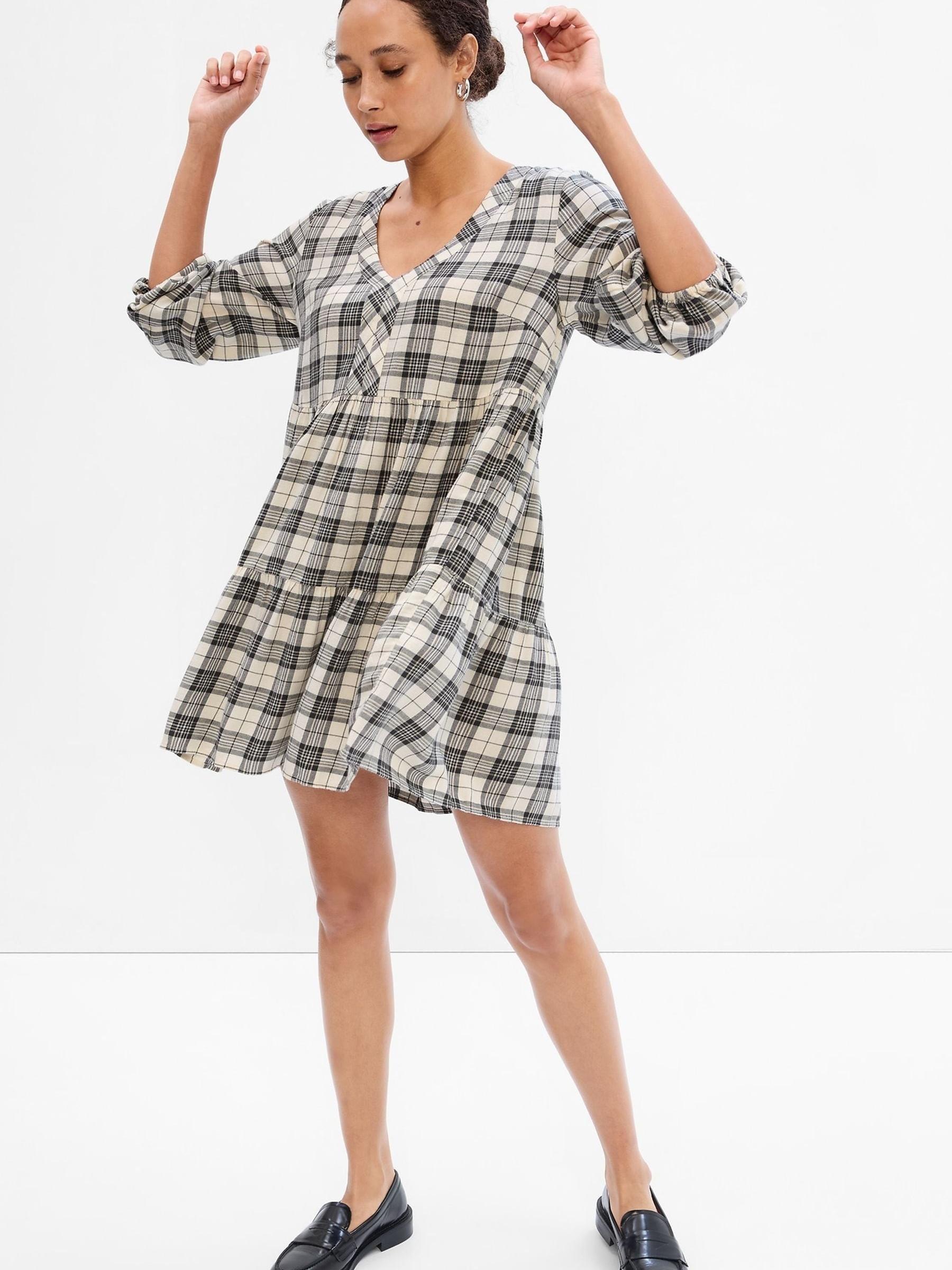 Grey Tartan Tiered V-Neck Mini Dress Gap