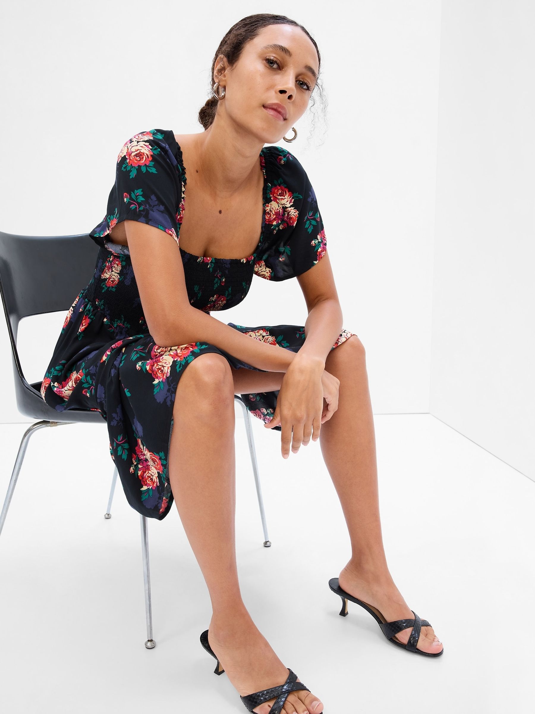 Black Floral Smocked Square Neck Short Sleeve Midi Dress - Image 1 of 5