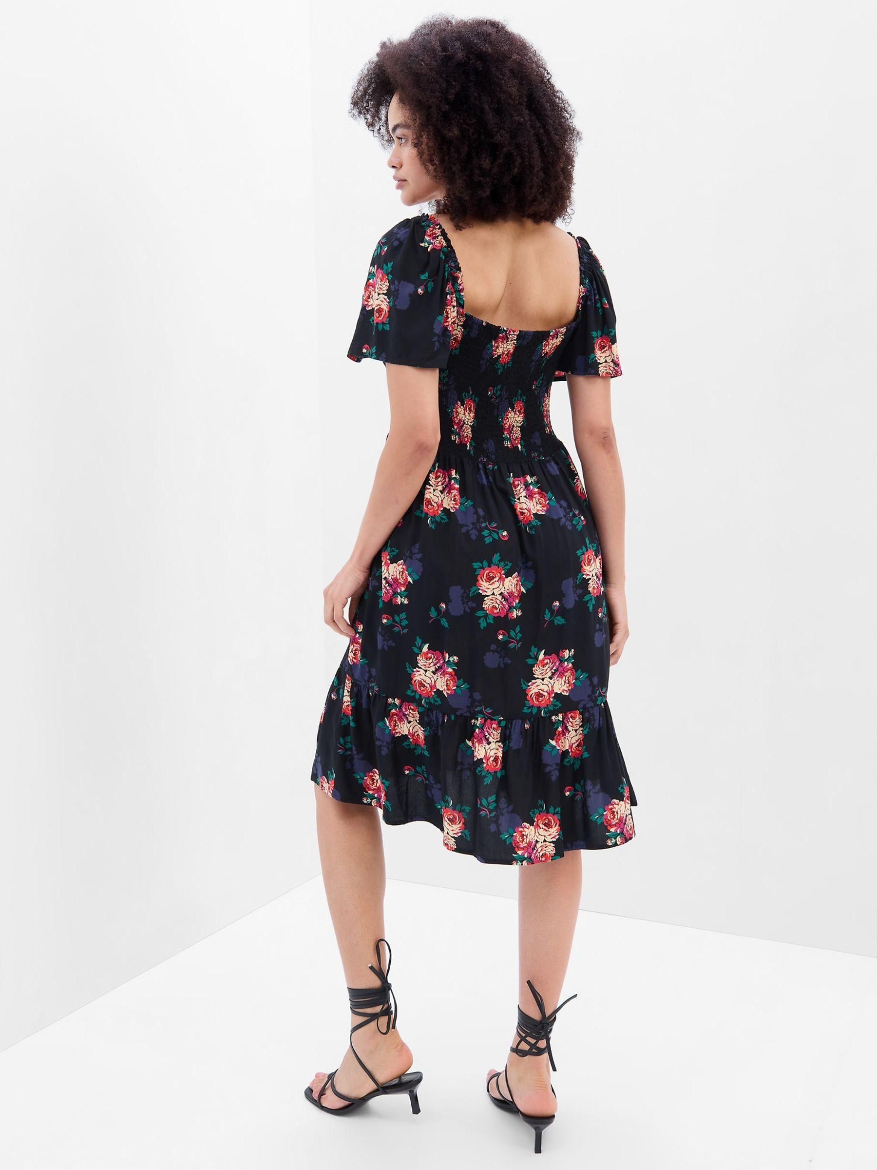 Black Floral Smocked Square Neck Short Sleeve Midi Dress - Image 2 of 5