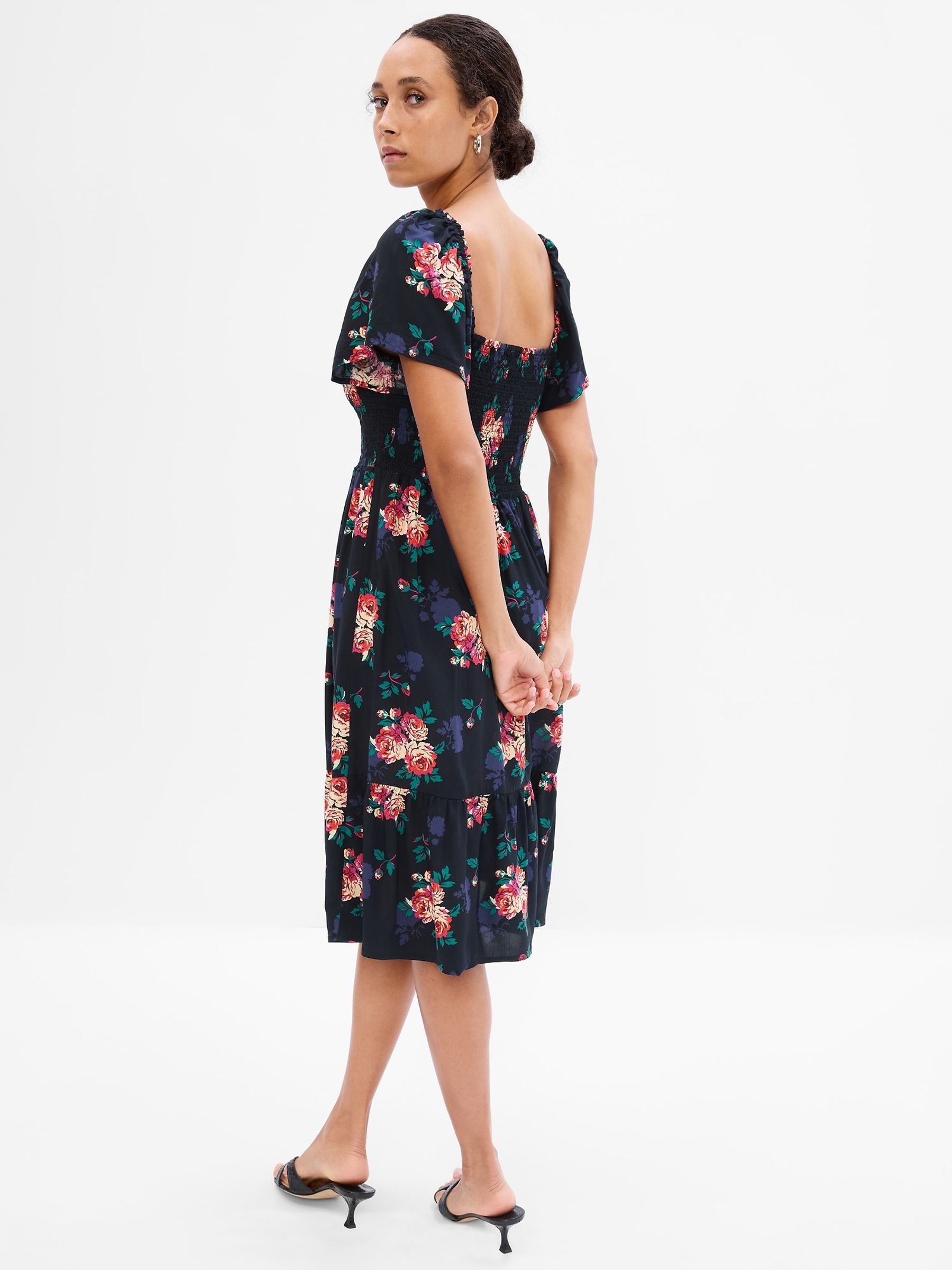 Black Floral Smocked Square Neck Short Sleeve Midi Dress - Image 3 of 5