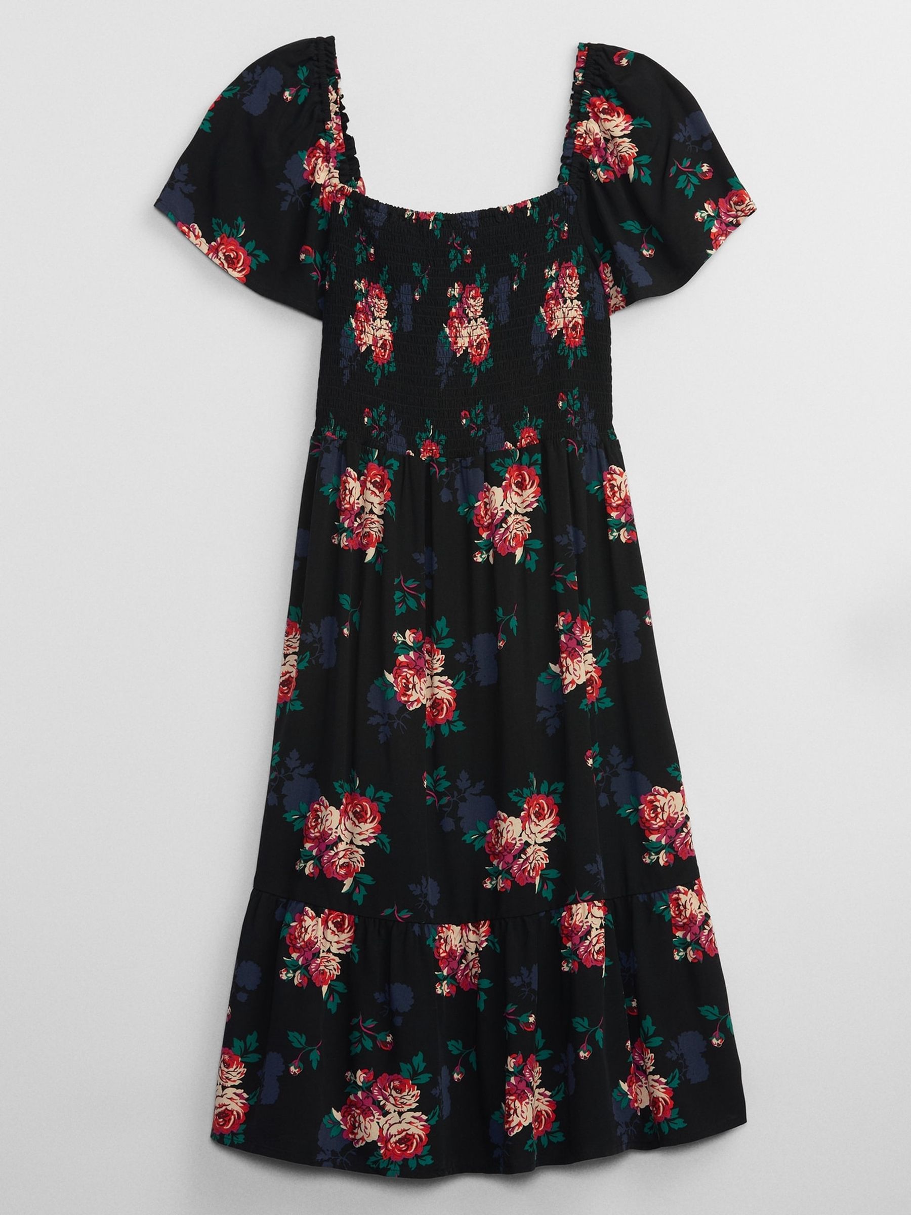Black Floral Smocked Square Neck Short Sleeve Midi Dress - Image 4 of 5