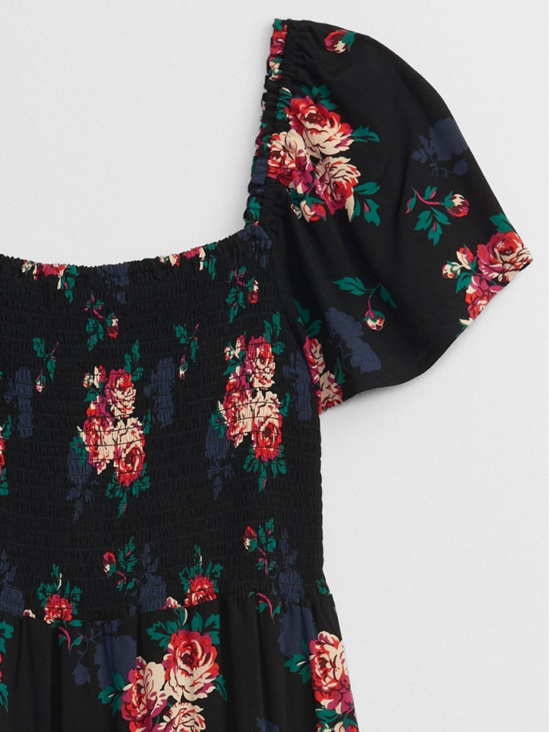 Black Floral Smocked Square Neck Short Sleeve Midi Dress - Image 5 of 5