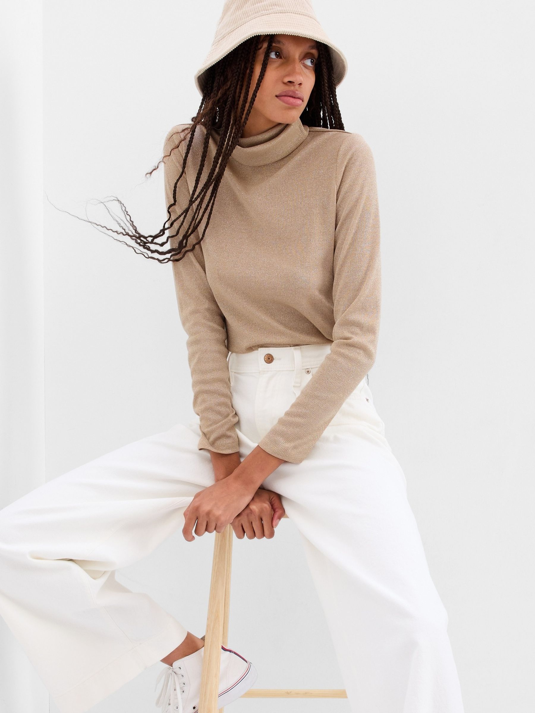 Beige Metallic Ribbed Long Sleeve Turtle Neck T-Shirt - Image 1 of 5
